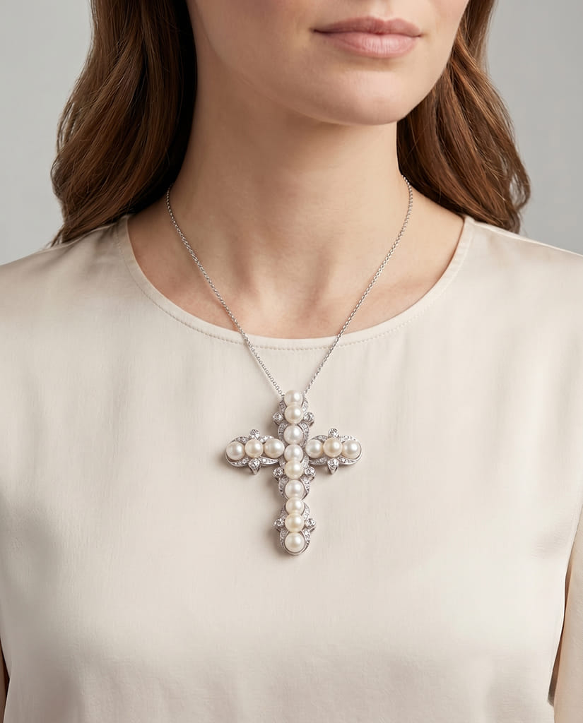 Ciondolo croce in argento con perle e cubic zirconia-3