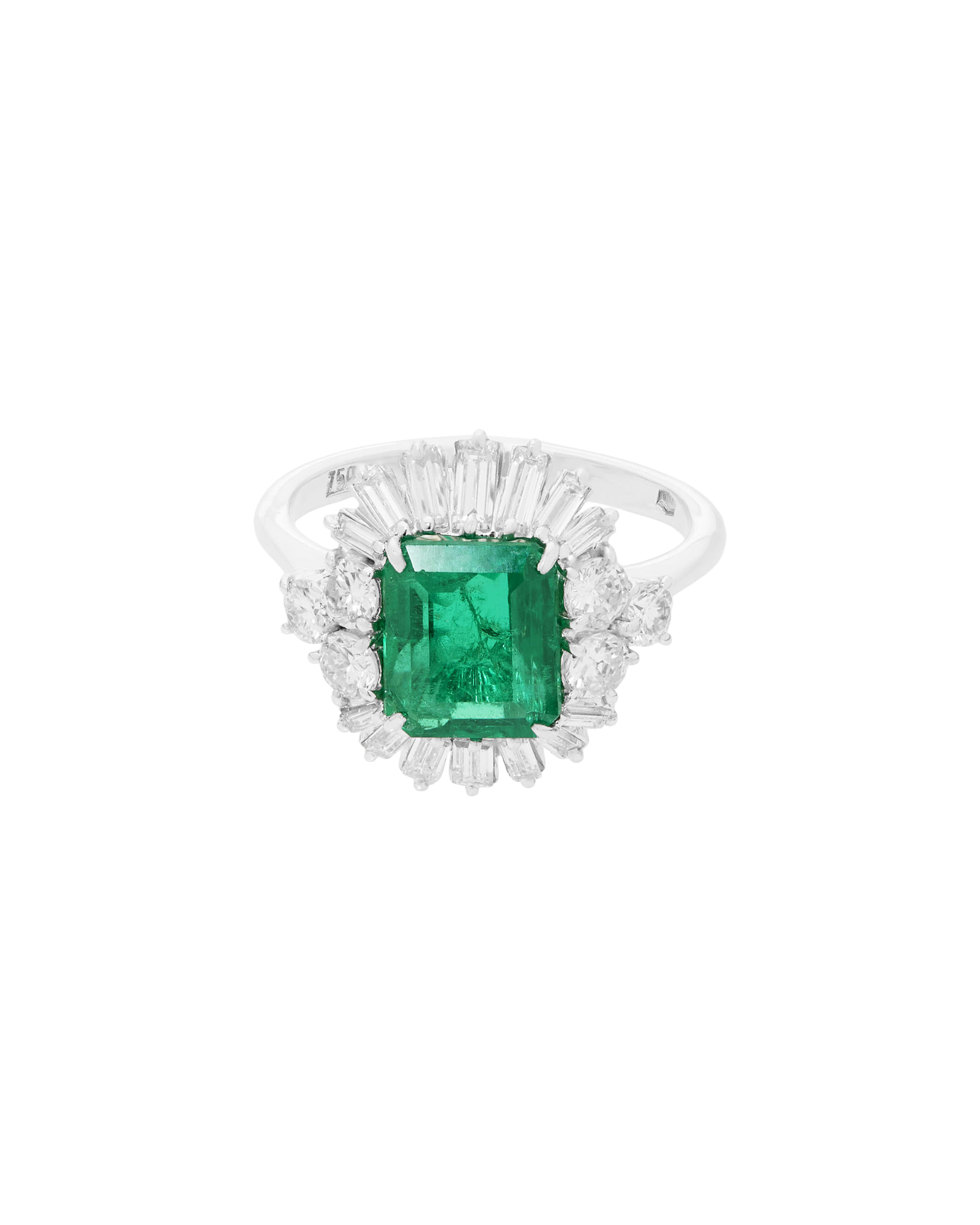 Anello in oro bianco con smeraldo 2,30 ct e diamanti round e baguette-1