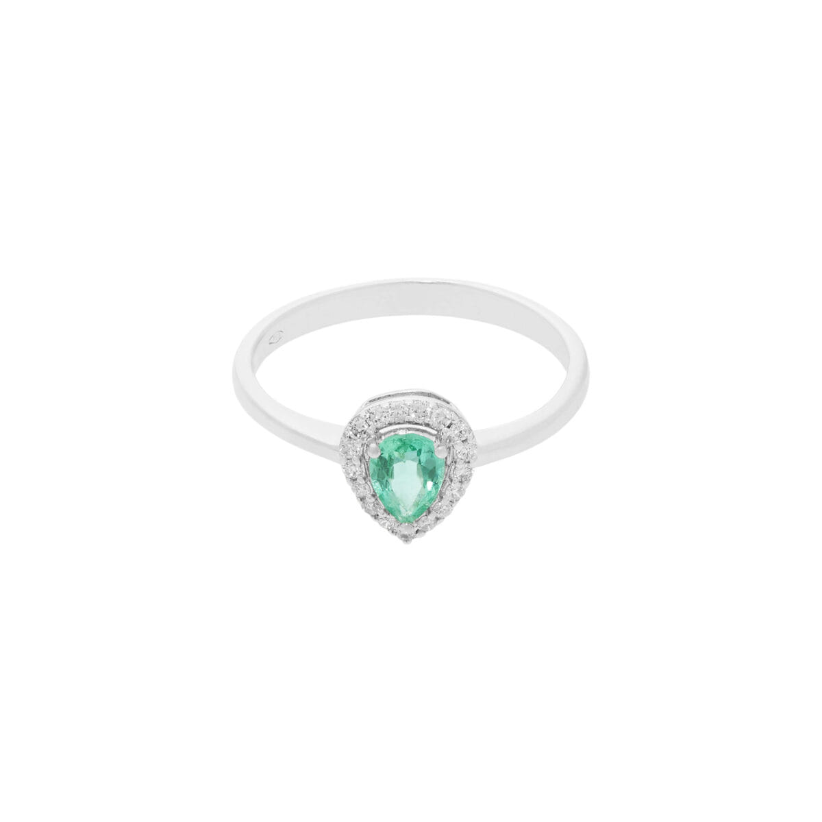 Anello in oro bianco con smeraldo a goccia e giro di diamanti-1