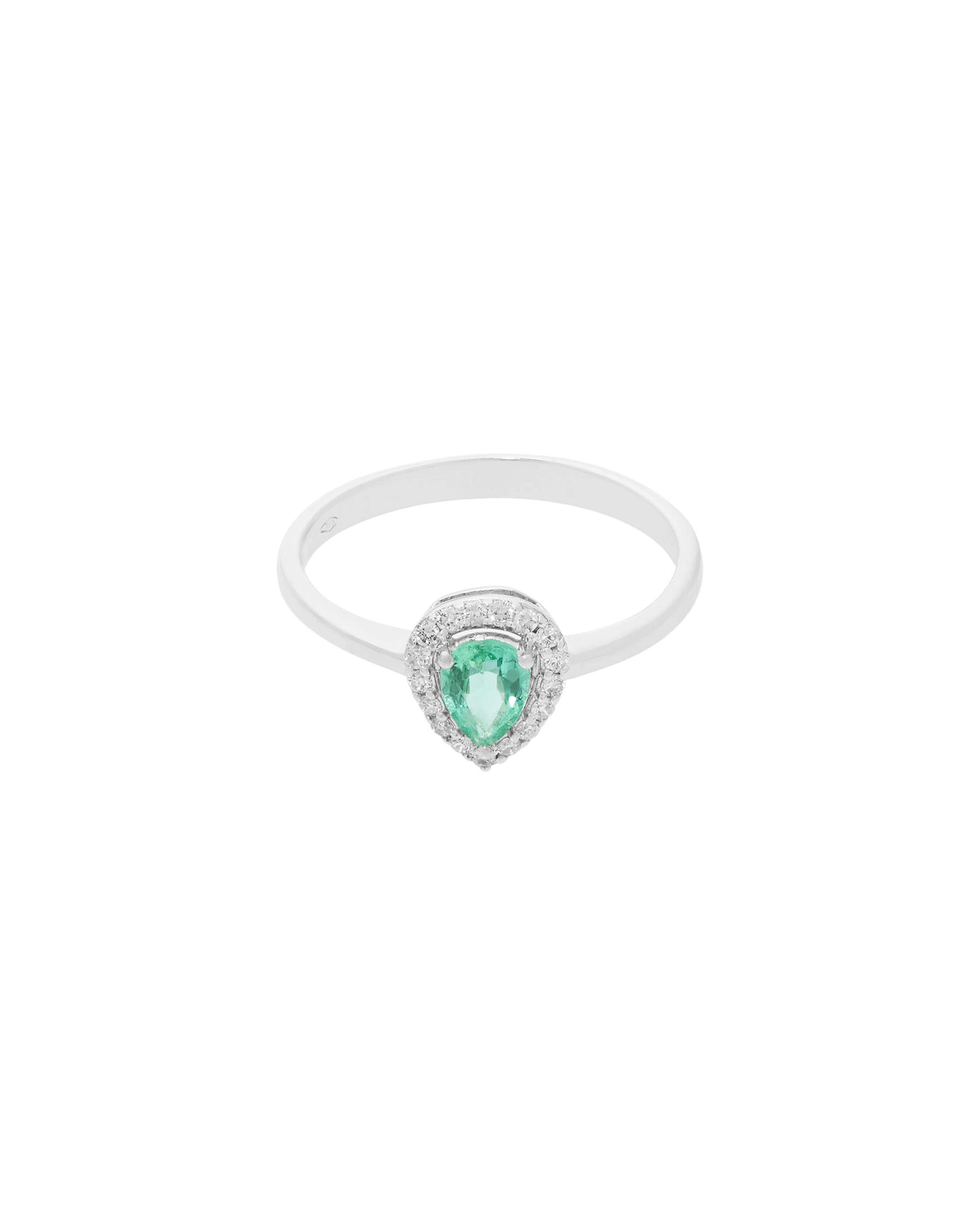 Anello in oro bianco con smeraldo a goccia e giro di diamanti-1