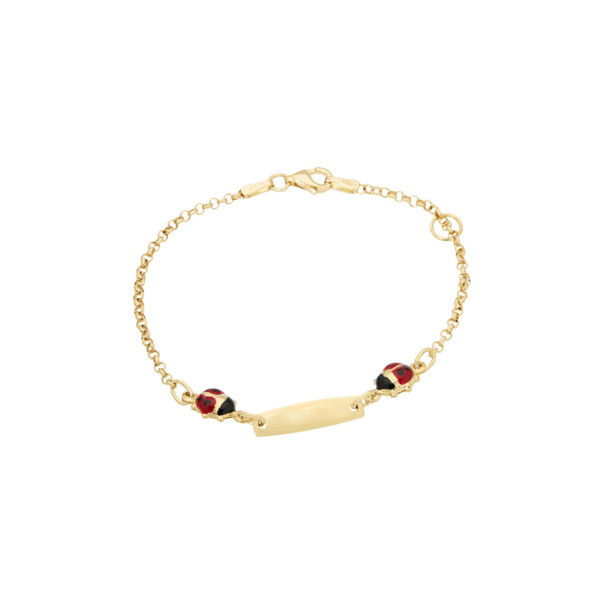 Braccialetto in oro giallo con targhetta e coccinelle smaltate-1