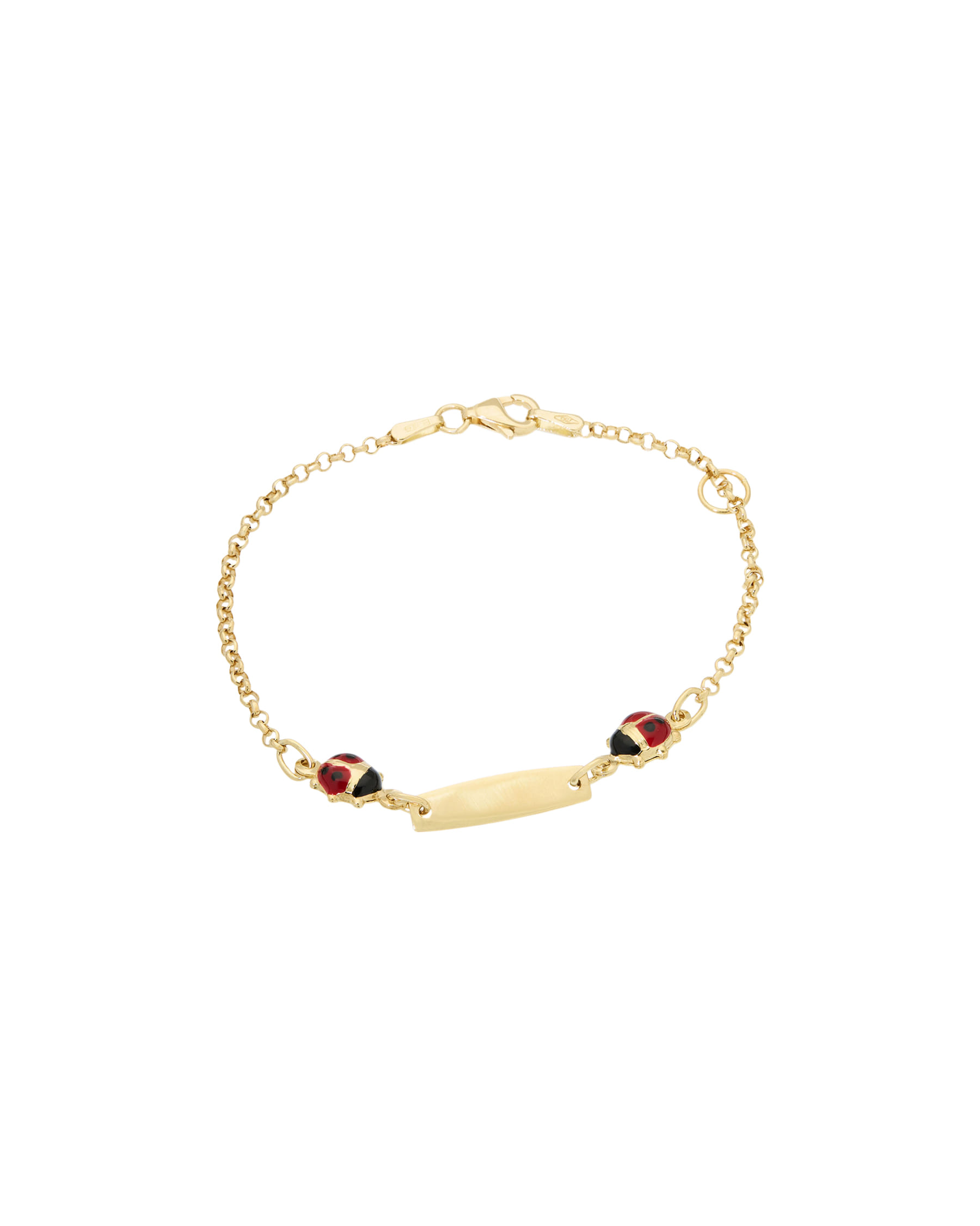 Braccialetto in oro giallo con targhetta e coccinelle smaltate-1