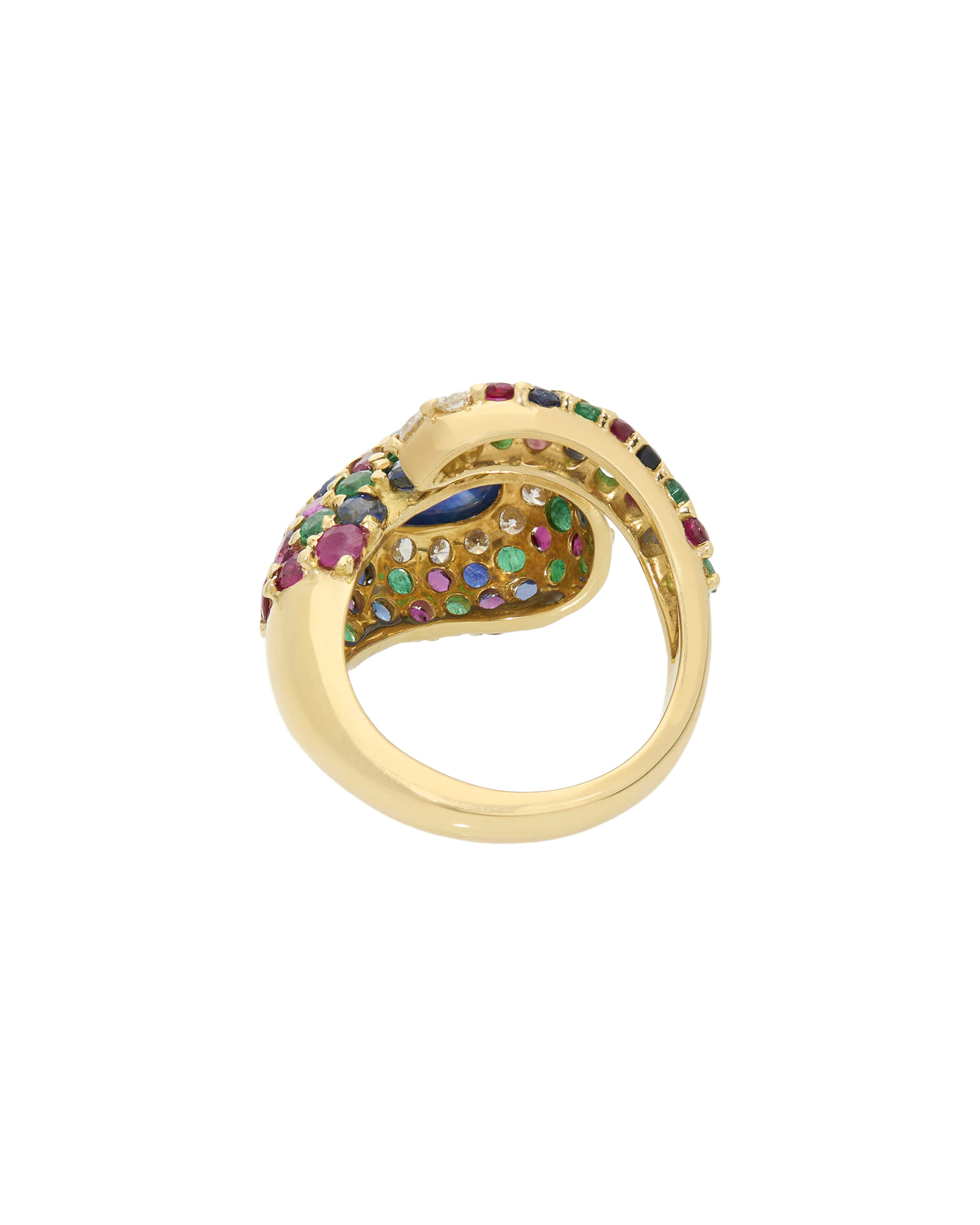 Anello contrarié chantecler in oro giallo con zaffiri, rubini, smeraldi e diamanti-3
