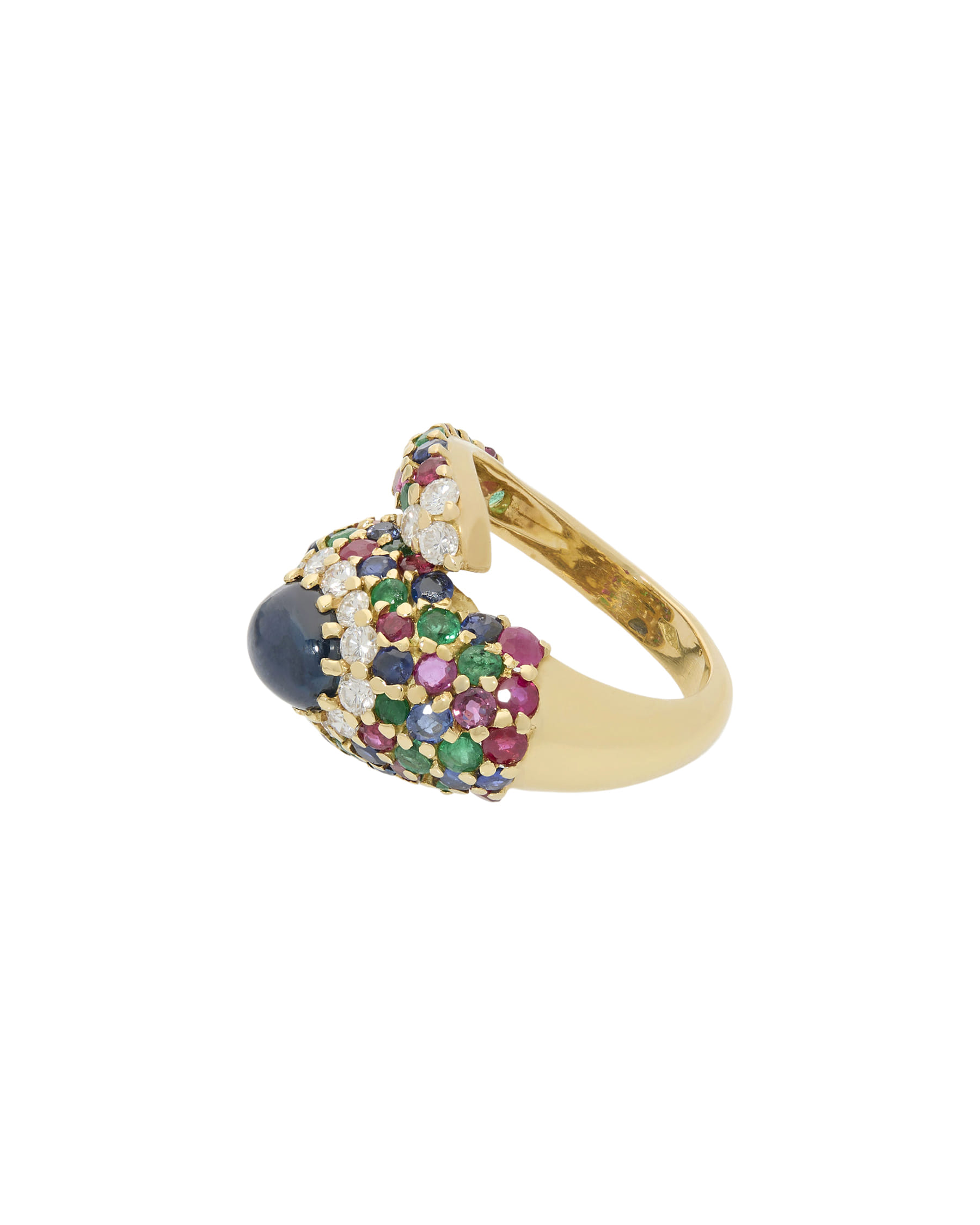 Anello contrarié chantecler in oro giallo con zaffiri, rubini, smeraldi e diamanti-2