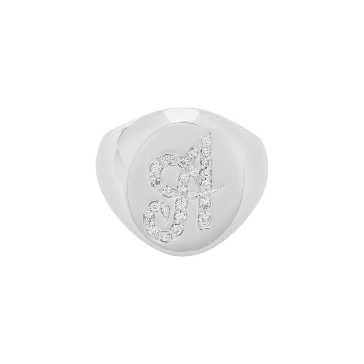 Anello sigillo in oro bianco e diamanti con lettera a-1