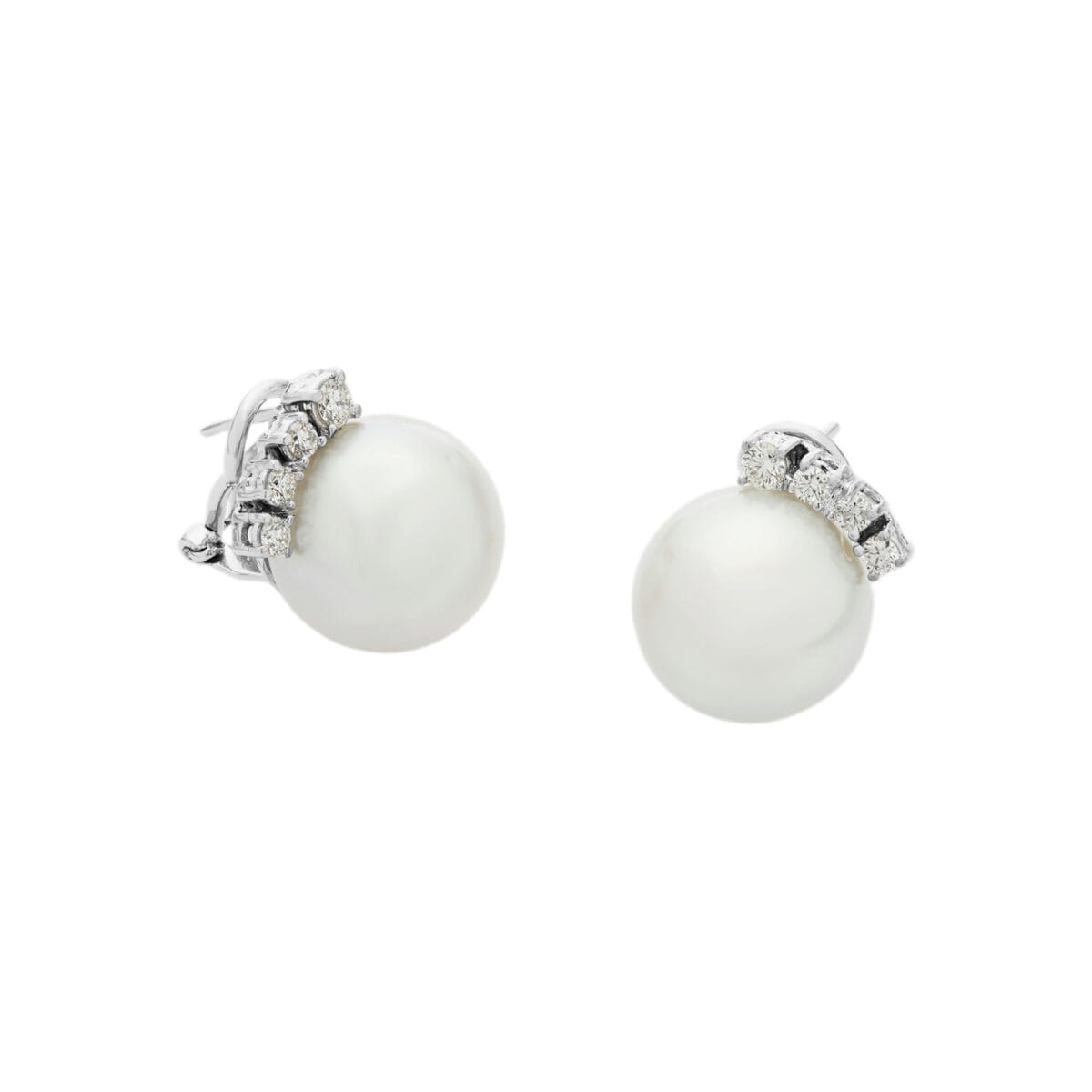 Orecchini oro bianco con diamanti e perle 14 mm-1