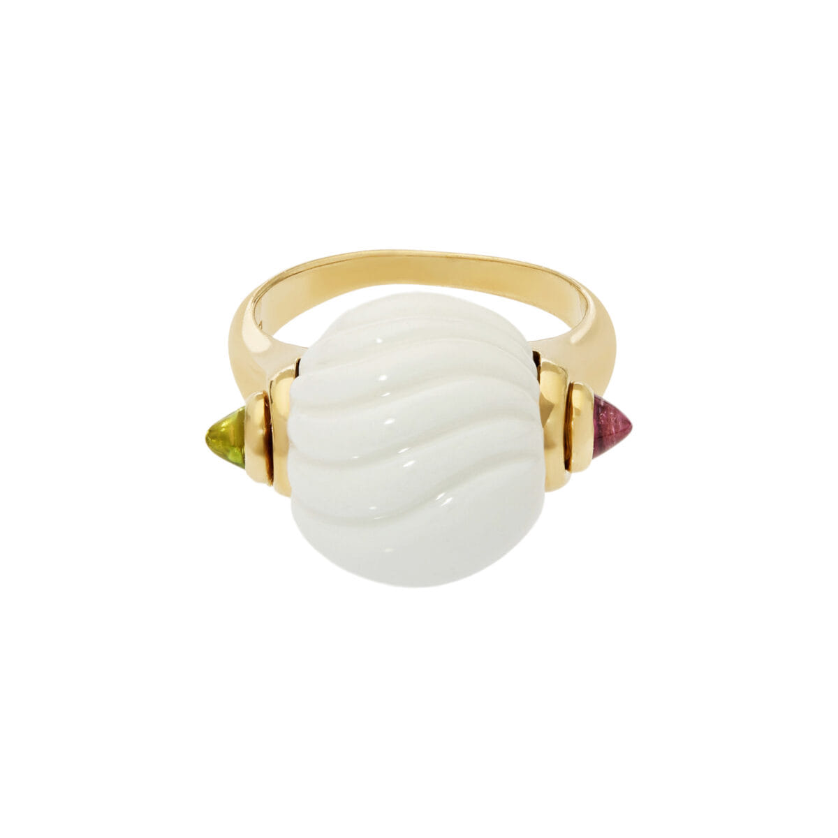 Anello bulgari chandra in oro giallo con porcellana bianca e tormaline-1