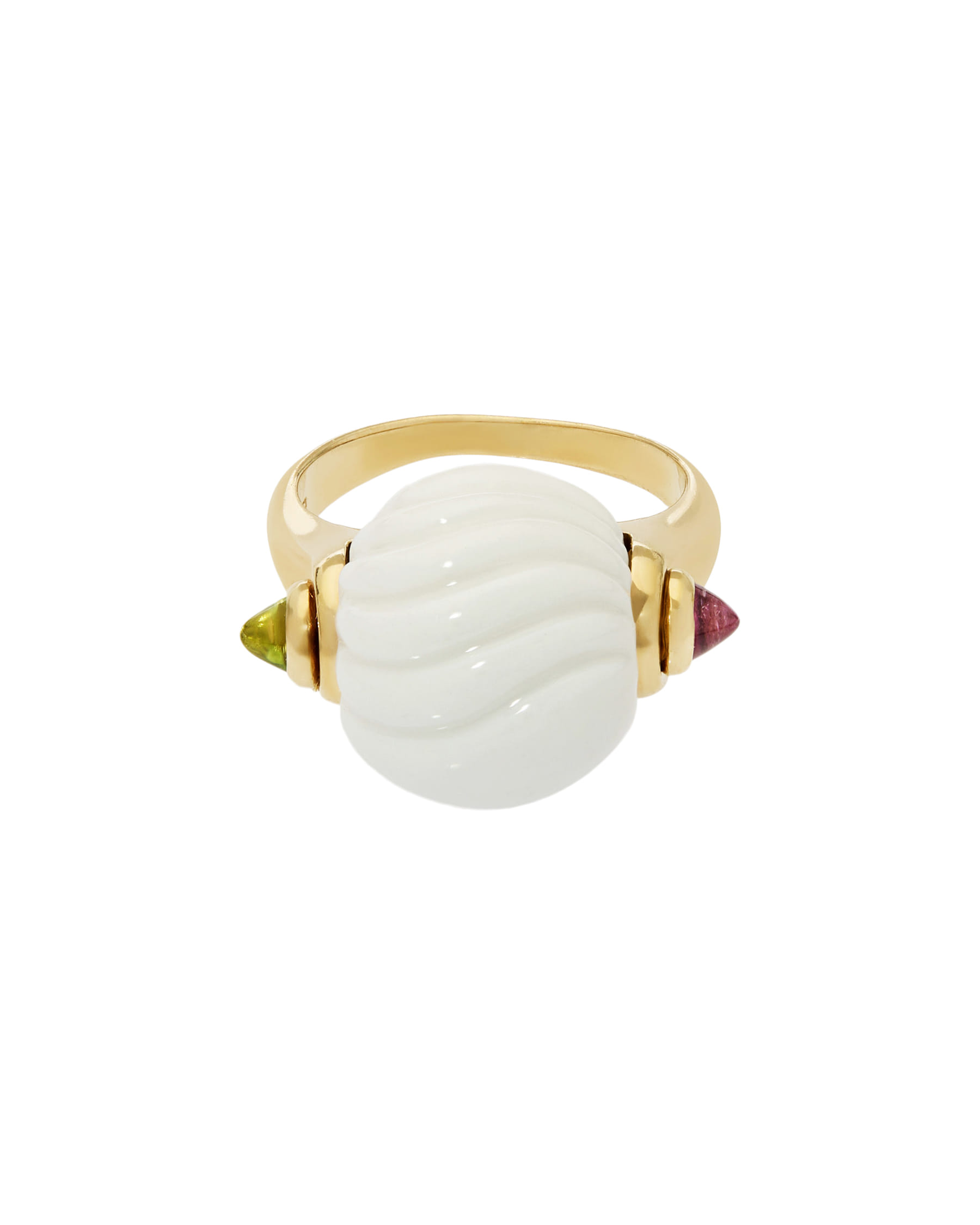 Anello bulgari chandra in oro giallo con porcellana bianca e tormaline-1
