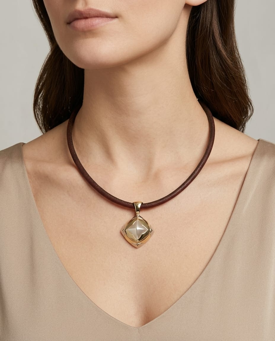 Collana bulgari piramide con cordino in caucciù e ciondolo in oro giallo e bianco-3