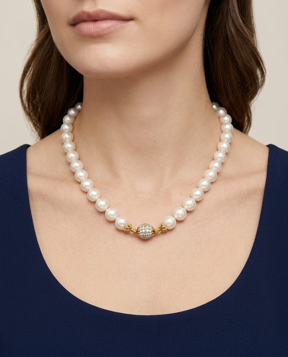 Collana di perle buccellati con chiusura in oro giallo e bianco con diamanti-4