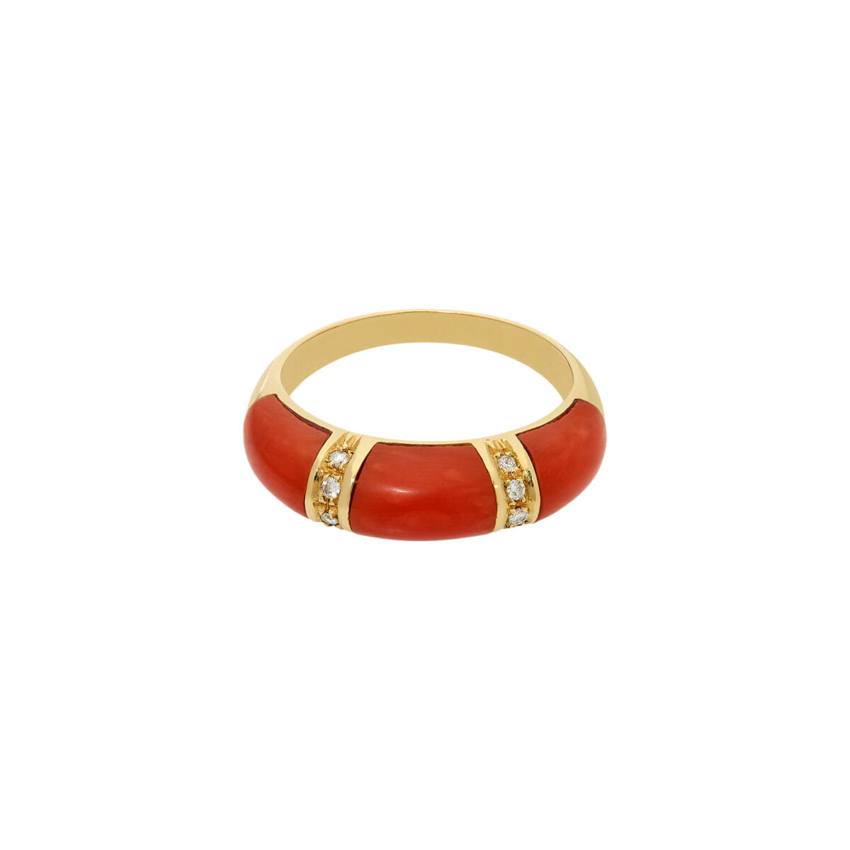 Anello fascia bombata in oro giallo con diamanti e intarsi di corallo-1