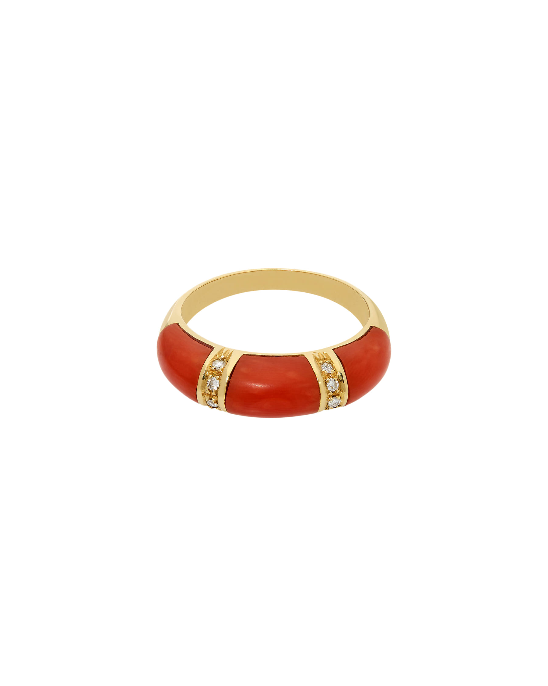 Anello fascia bombata in oro giallo con diamanti e intarsi di corallo-1