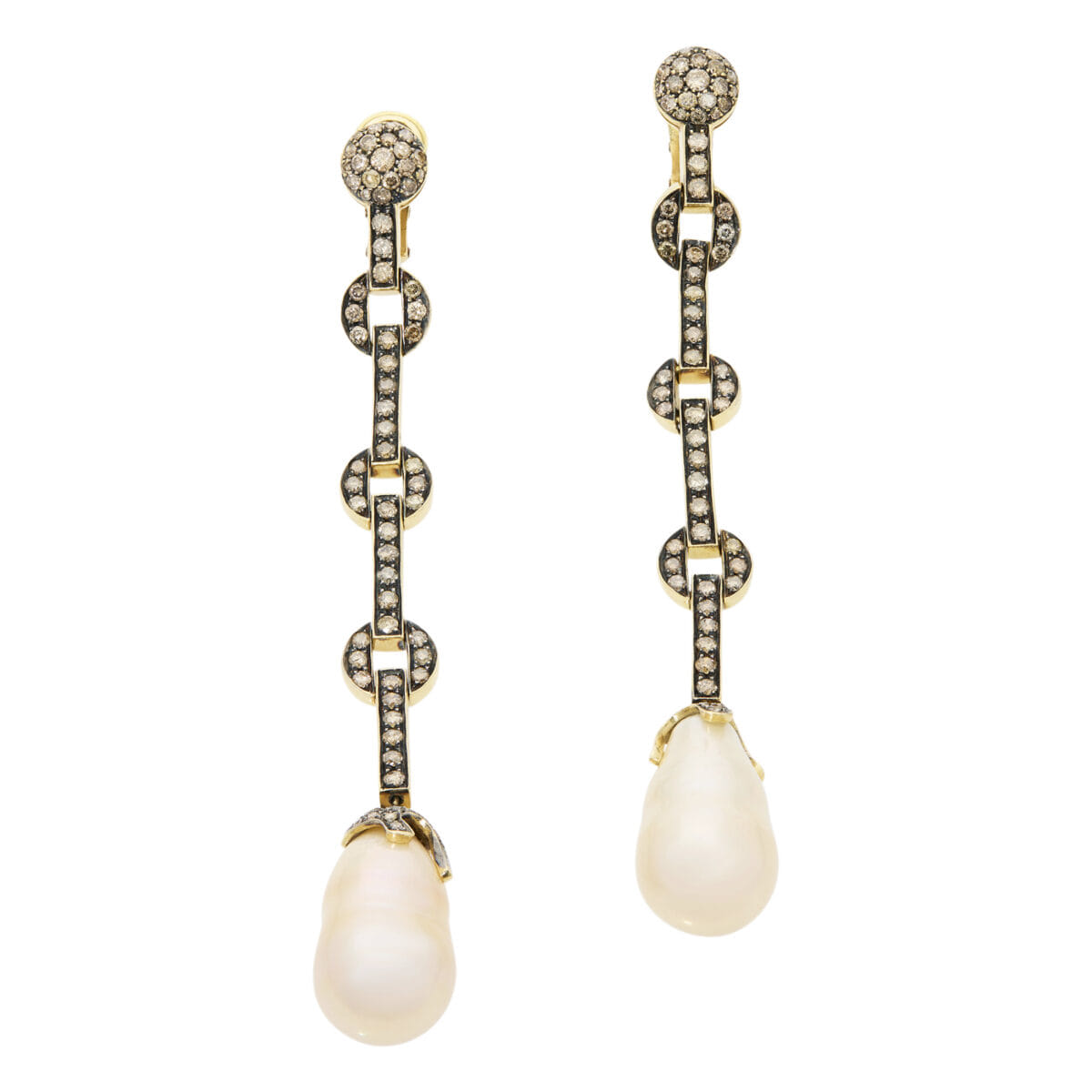 Orecchini pendenti in oro giallo con perle semi-barocche e diamanti fancy-1