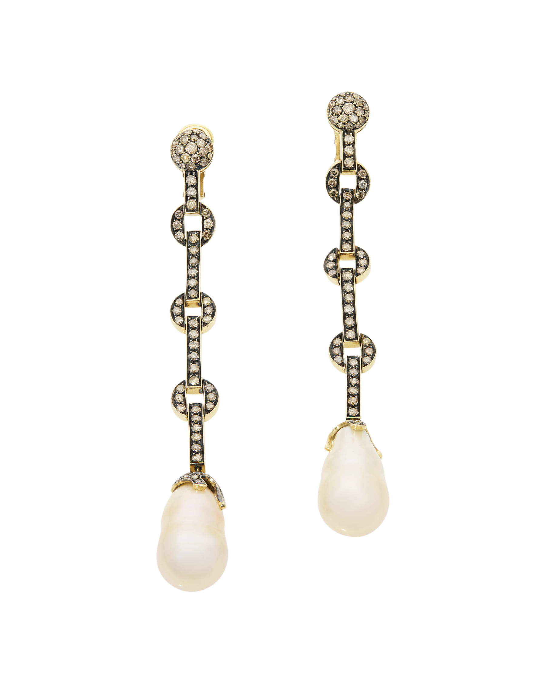 Orecchini pendenti in oro giallo con perle semi-barocche e diamanti fancy-1
