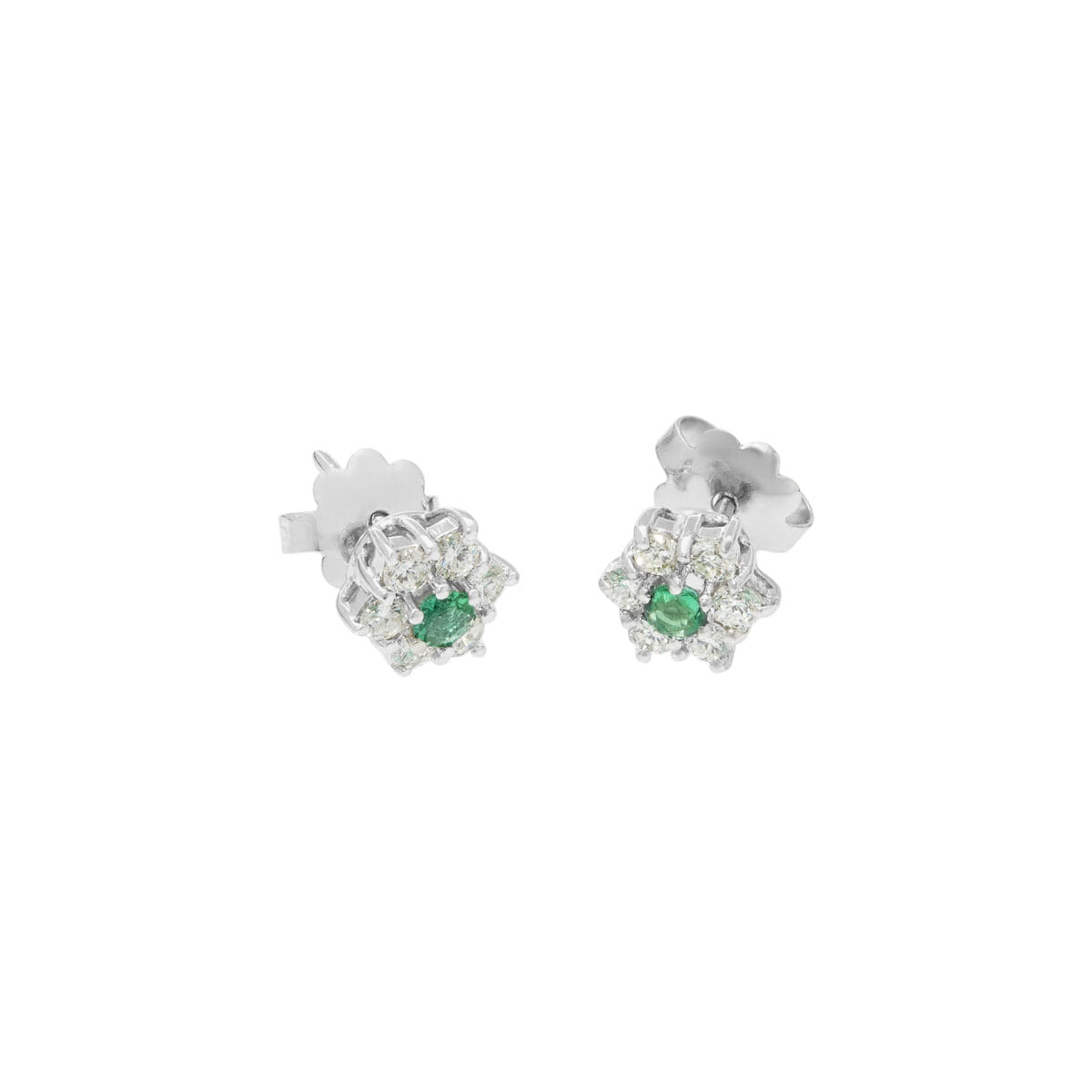 Orecchini in oro bianco a fiore con smeraldi e diamanti-1