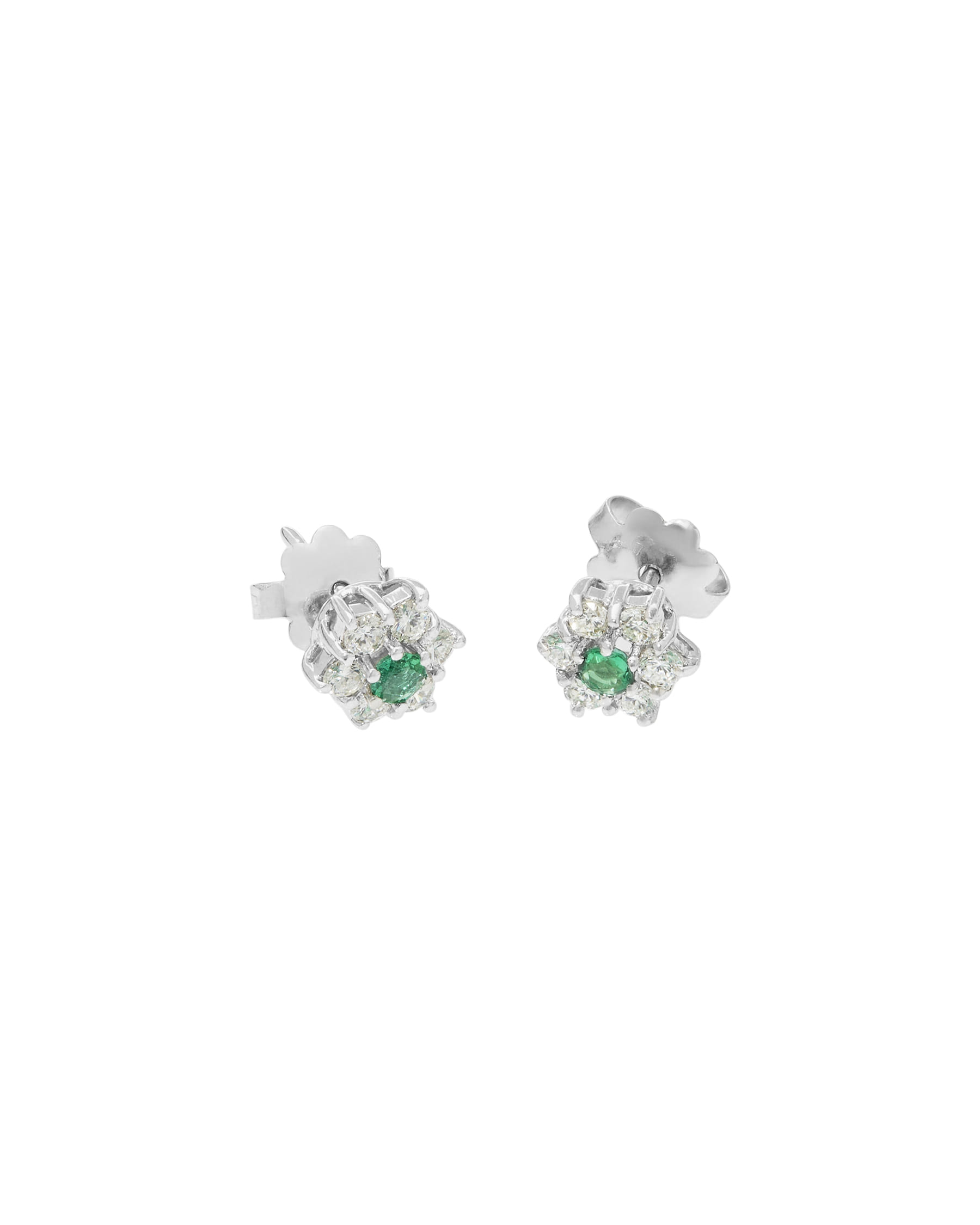Orecchini in oro bianco a fiore con smeraldi e diamanti-1