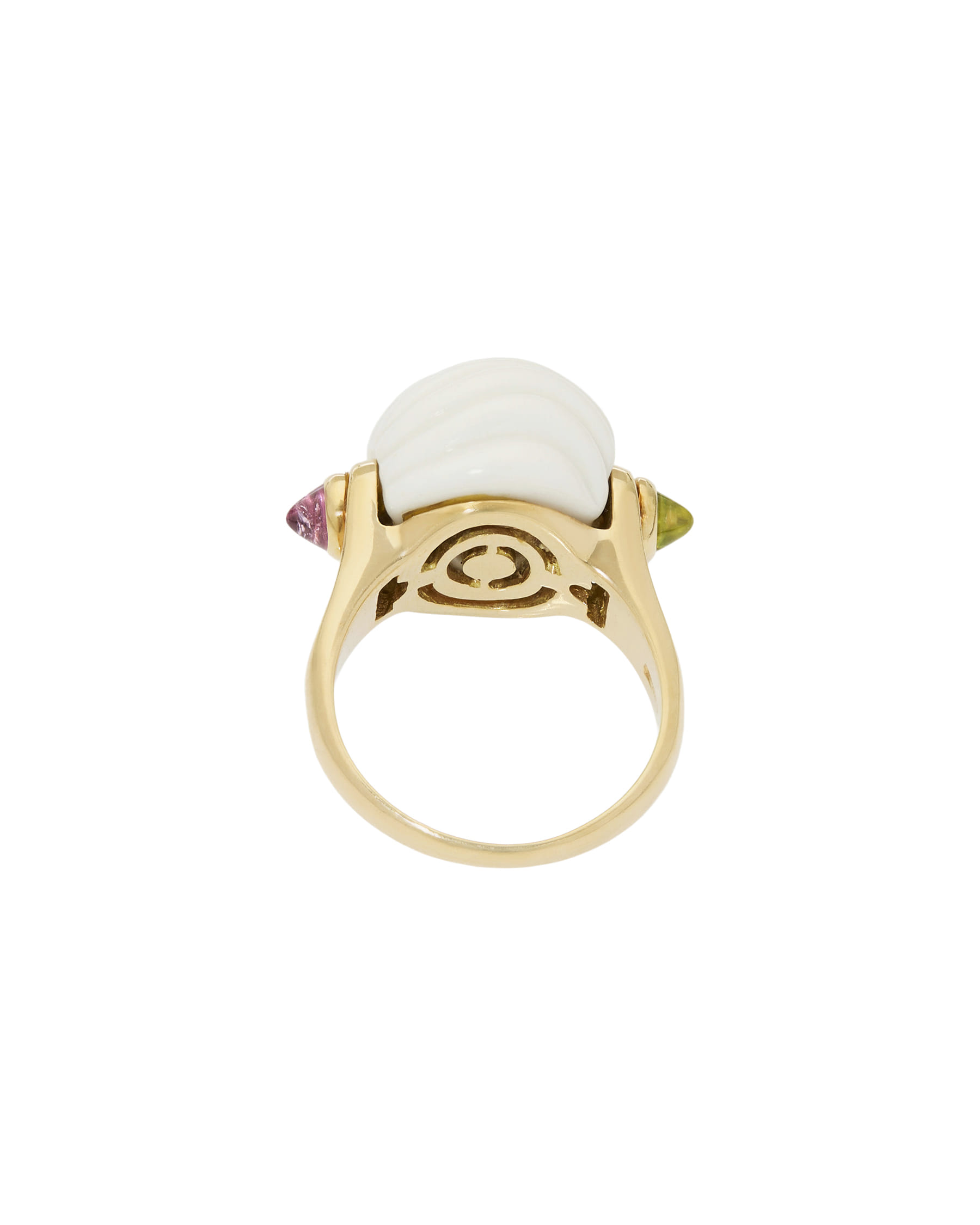 Anello bulgari chandra in oro giallo con porcellana bianca e tormaline-3