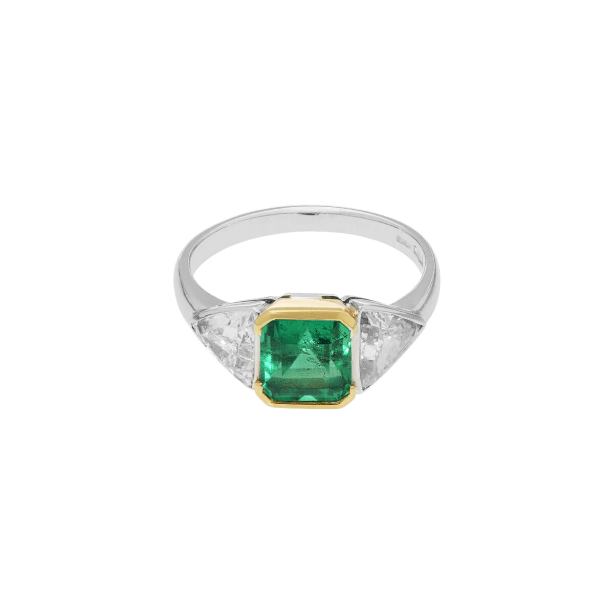 Anello trilogy in oro giallo e bianco con smeraldo e diamanti trilliant-1