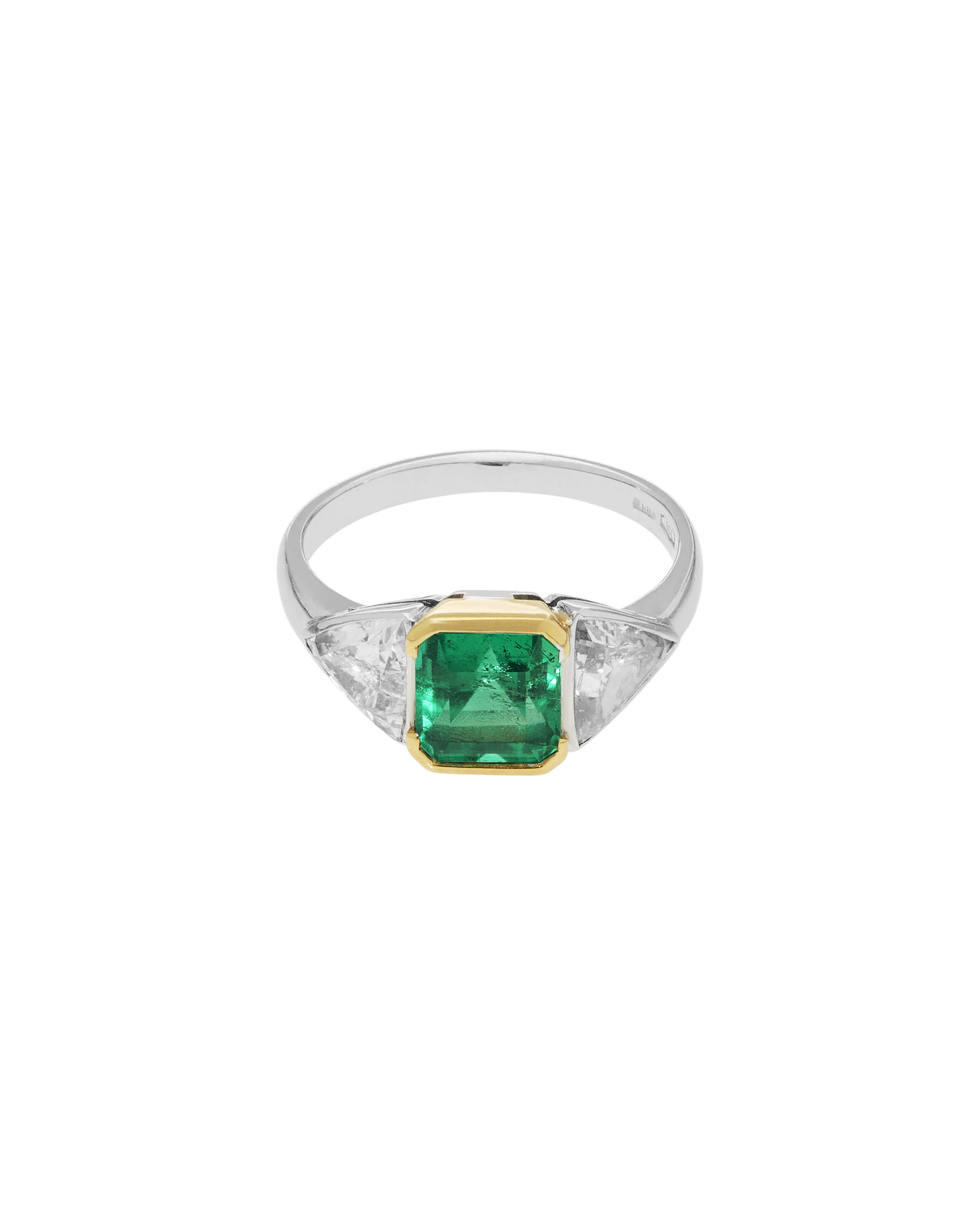 Anello trilogy in oro giallo e bianco con smeraldo e diamanti trilliant-1