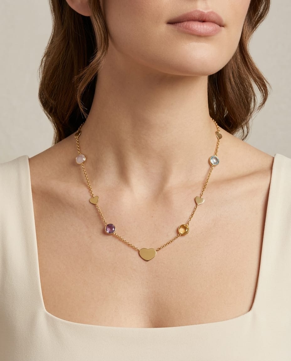 Collana in oro giallo con cuori e pietre colorate-3
