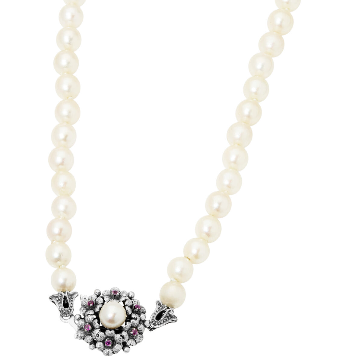 Collana di perle degradè e chiusura in oro bianco con rubini-1