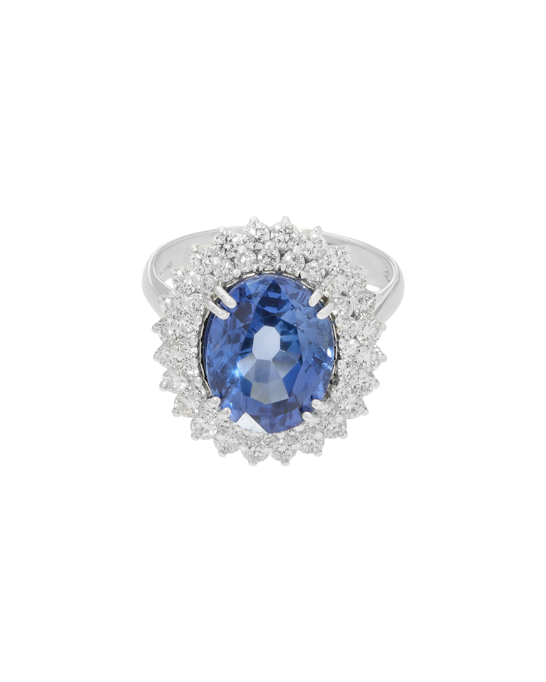 Anello fiore in oro bianco con doppio giro di diamanti e zaffiro centrale-1