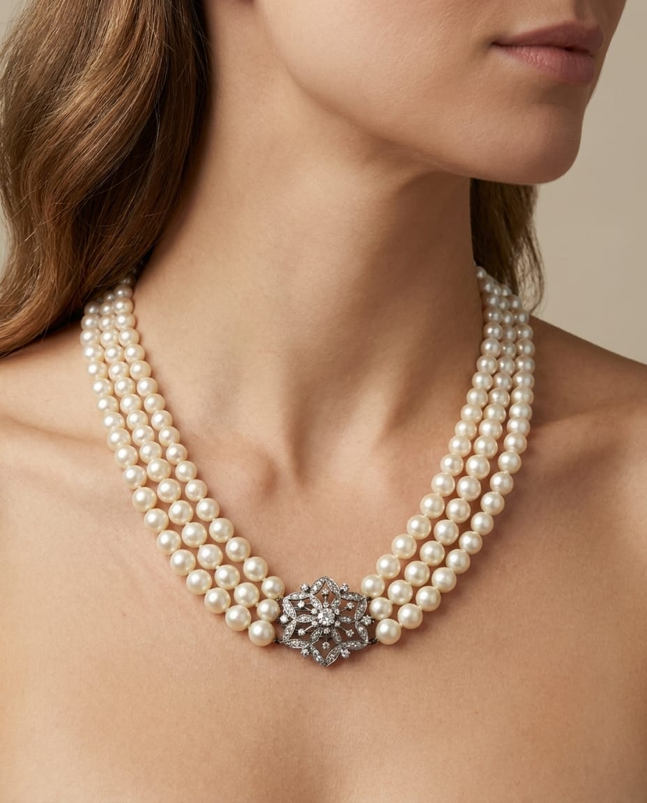 Collana con tre fili di perle e chiusura in oro bianco con diamanti-4