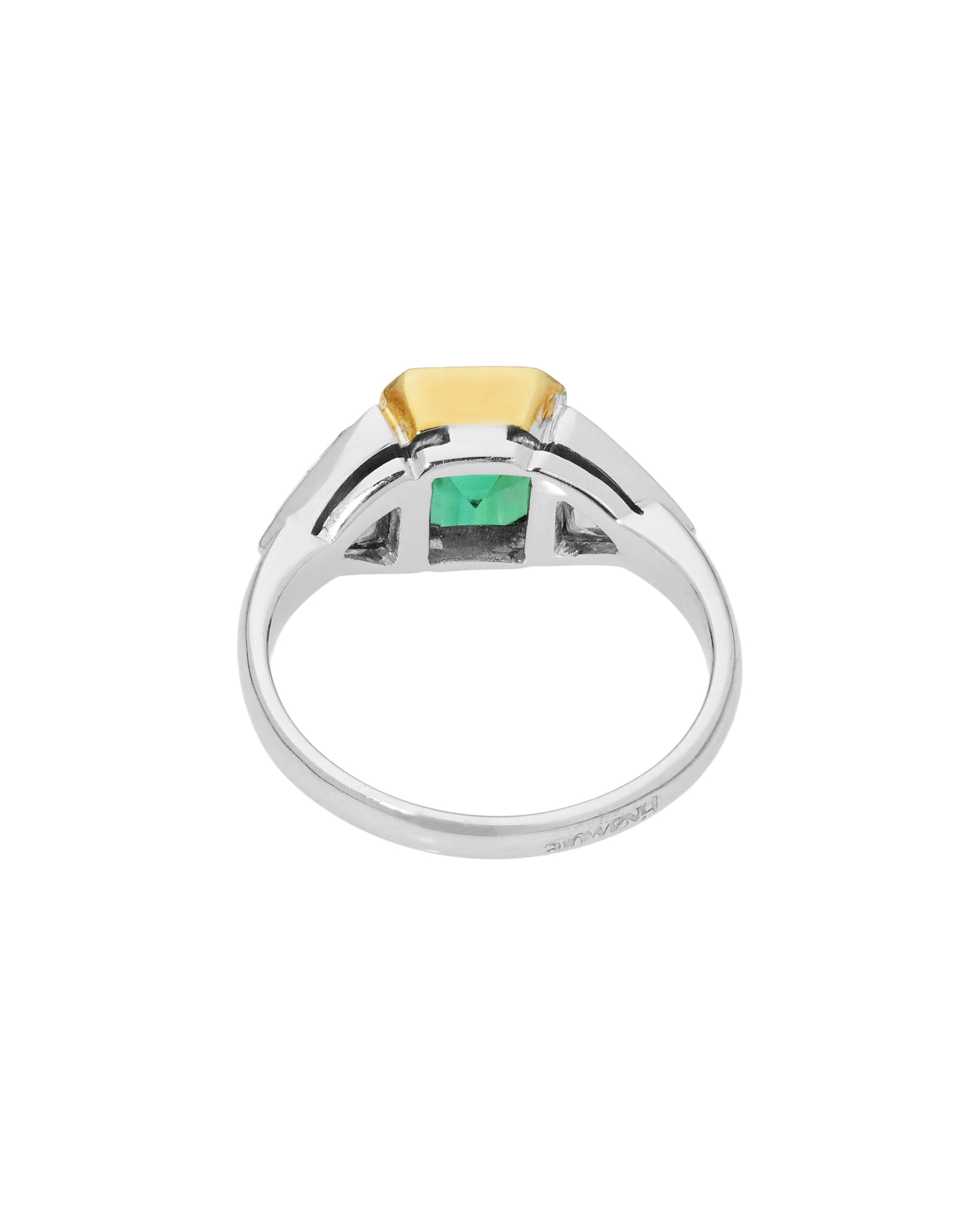 Anello trilogy in oro giallo e bianco con smeraldo e diamanti trilliant-3