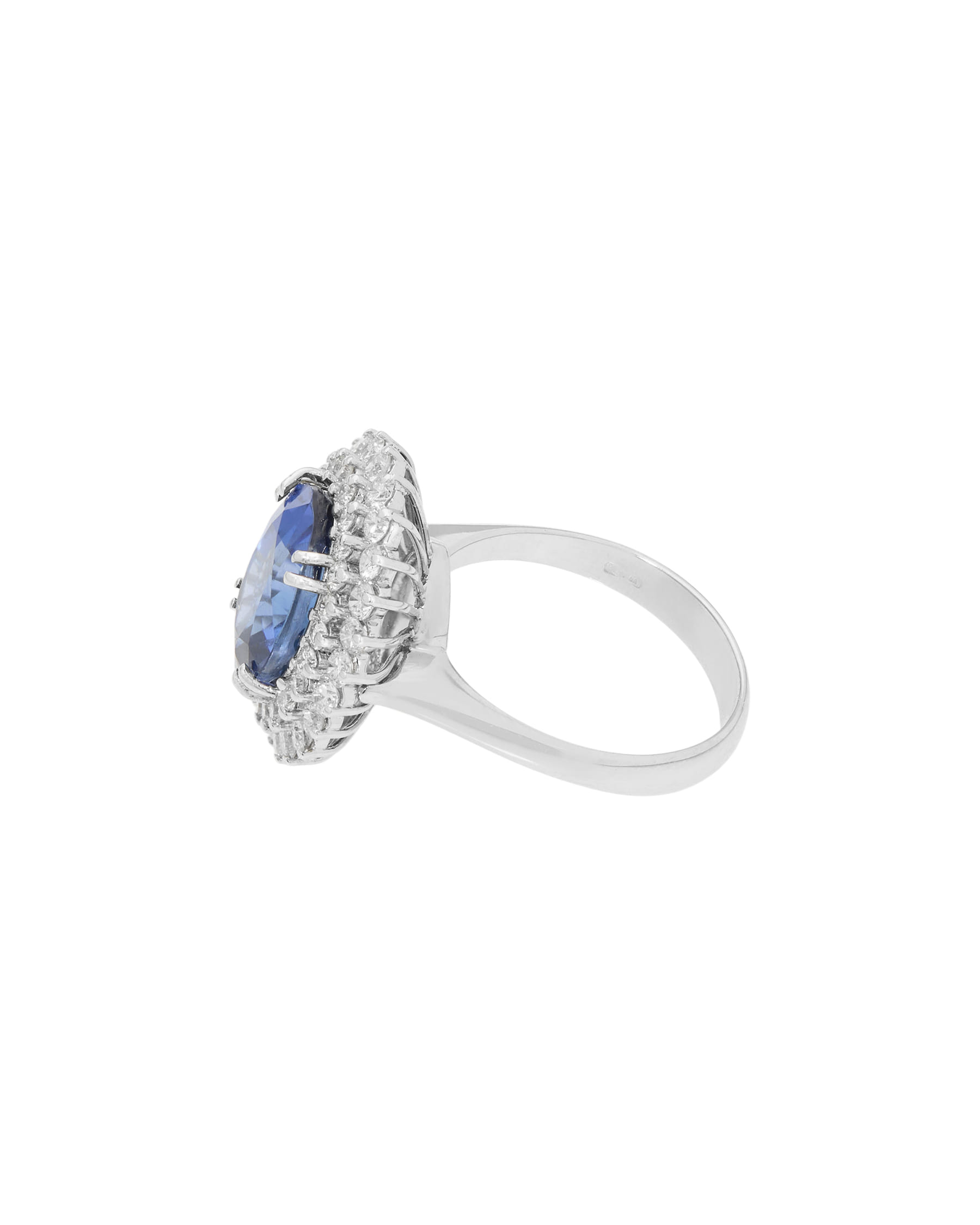 Anello fiore in oro bianco con doppio giro di diamanti e zaffiro centrale-2