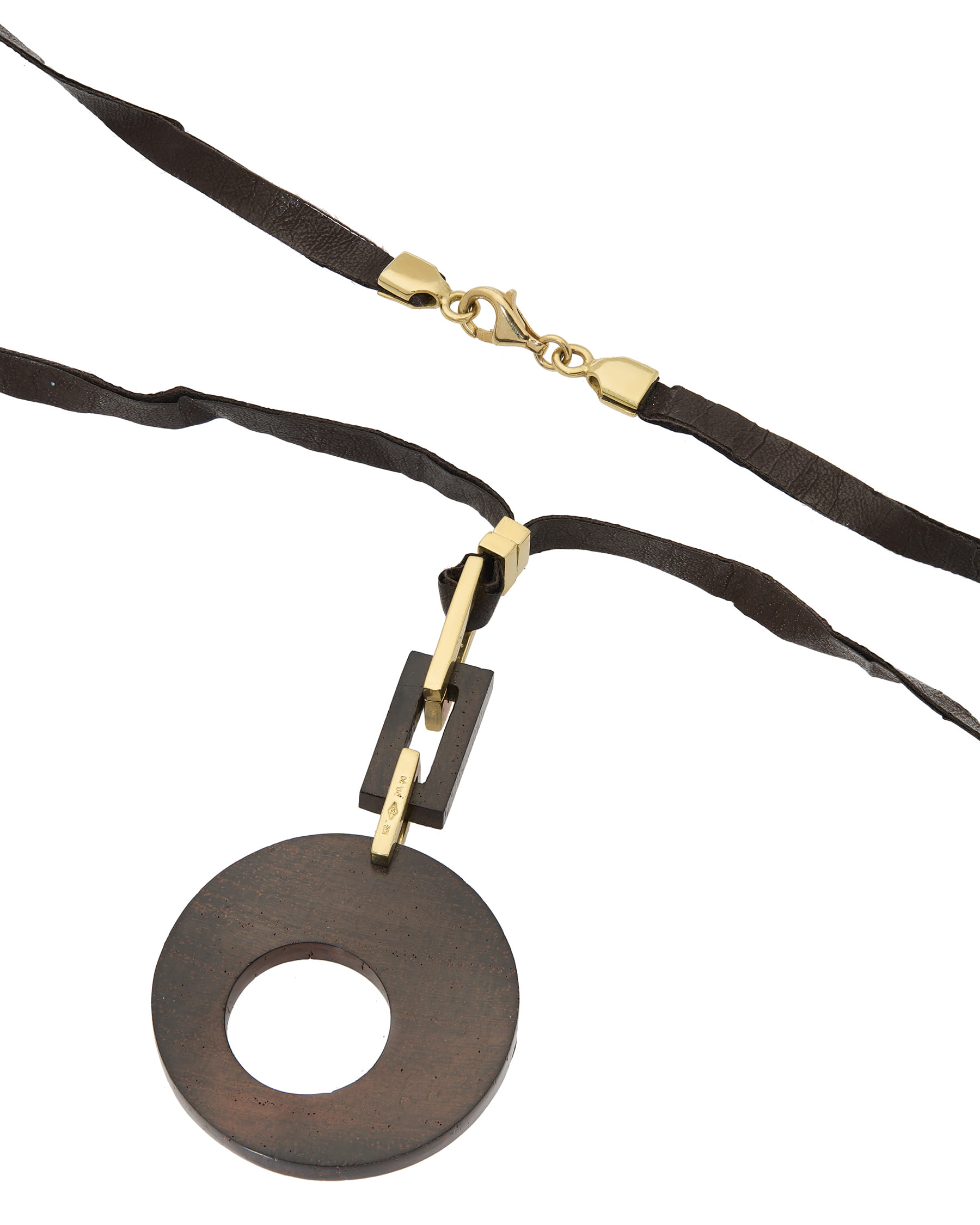 Collana di design con pendente rotondo in legno, oro giallo e diamanti e laccio in pelle-2