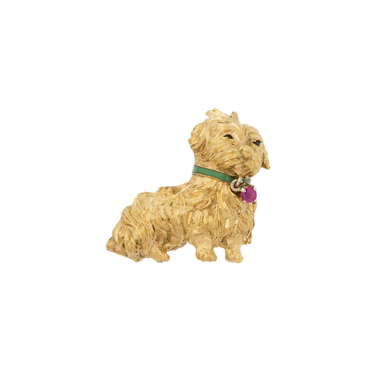 Spilla vintage cane shih tzu con rubino e smalto verde-1