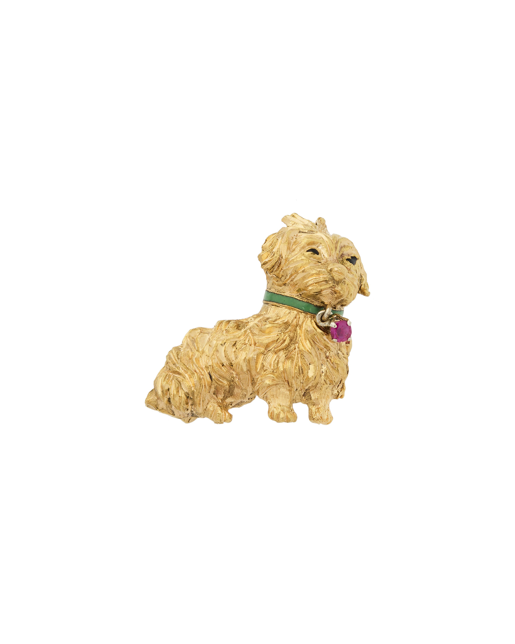 Spilla vintage cane shih tzu con rubino e smalto verde-1