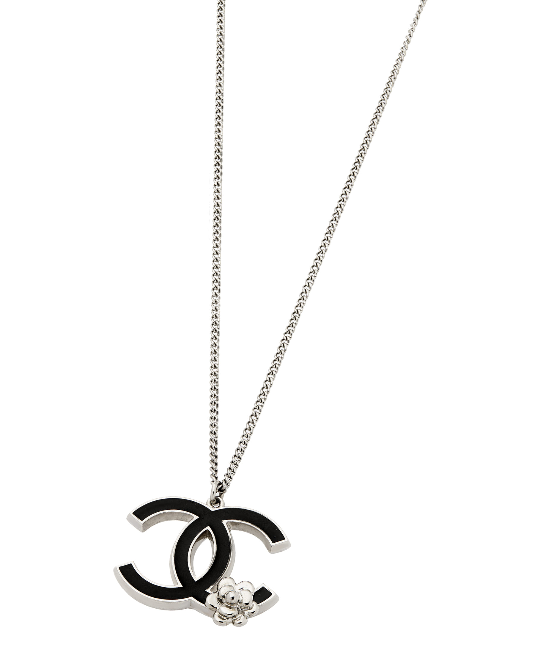 Collana chanel in acciaio argentato con ciondolo cc e smalto-1