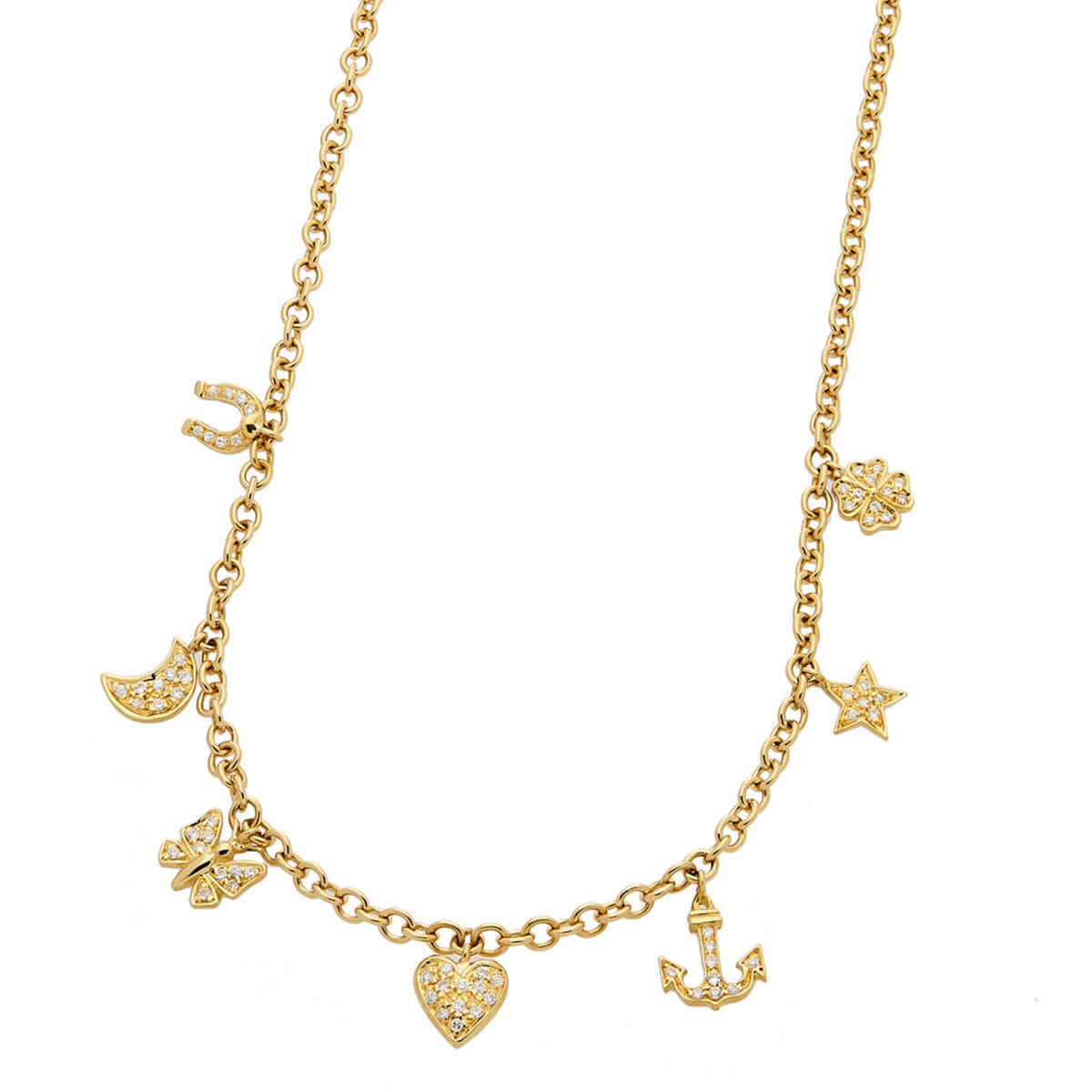 Collana in oro giallo e diamanti con ciondoli porta fortuna-1
