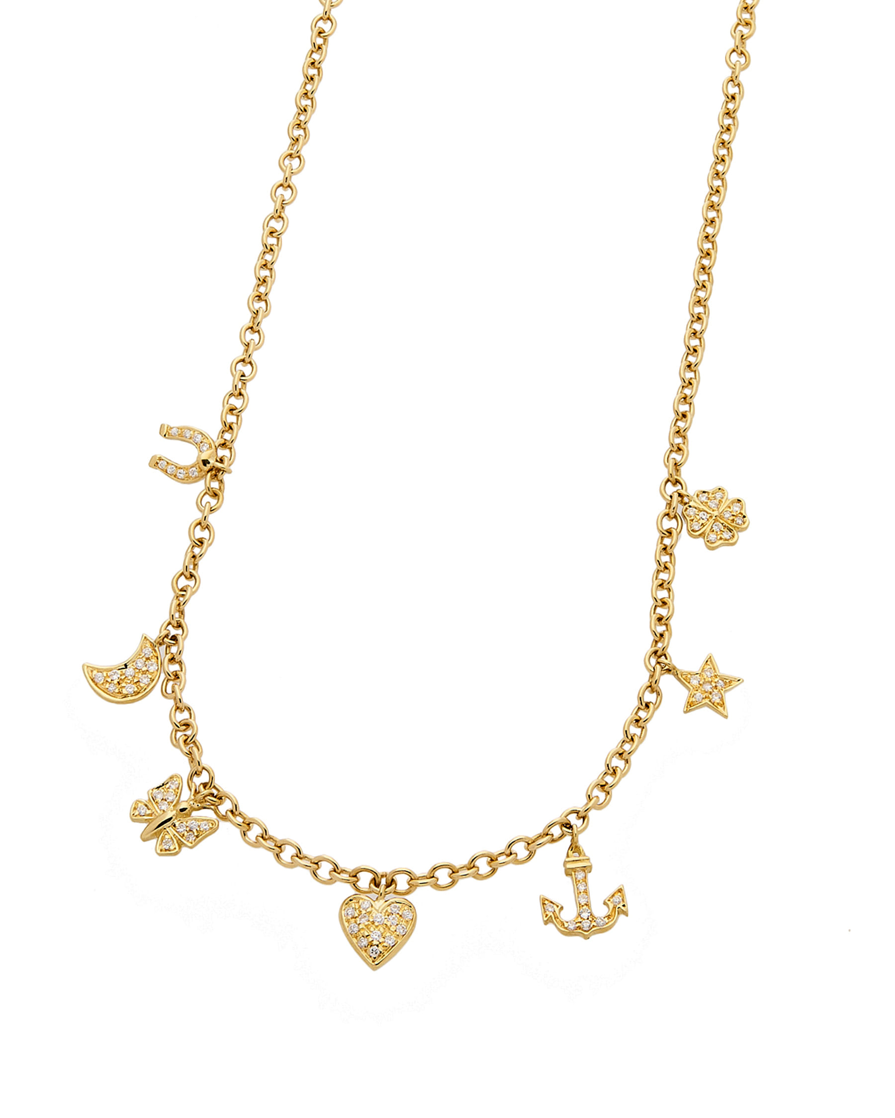 Collana in oro giallo e diamanti con ciondoli porta fortuna-1