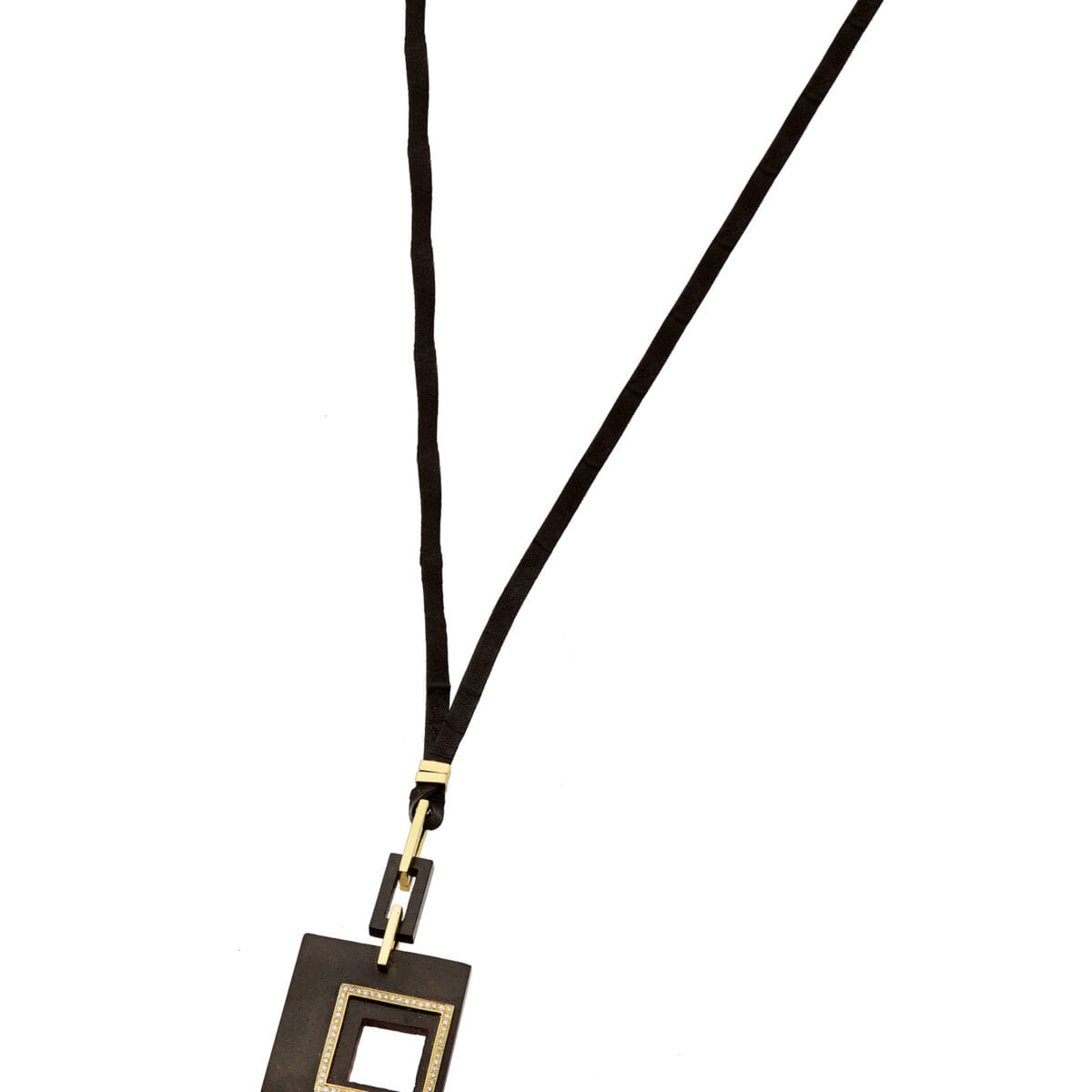 Collana di design con pendente quadrato in legno, oro giallo e diamanti e laccio in pelle-1