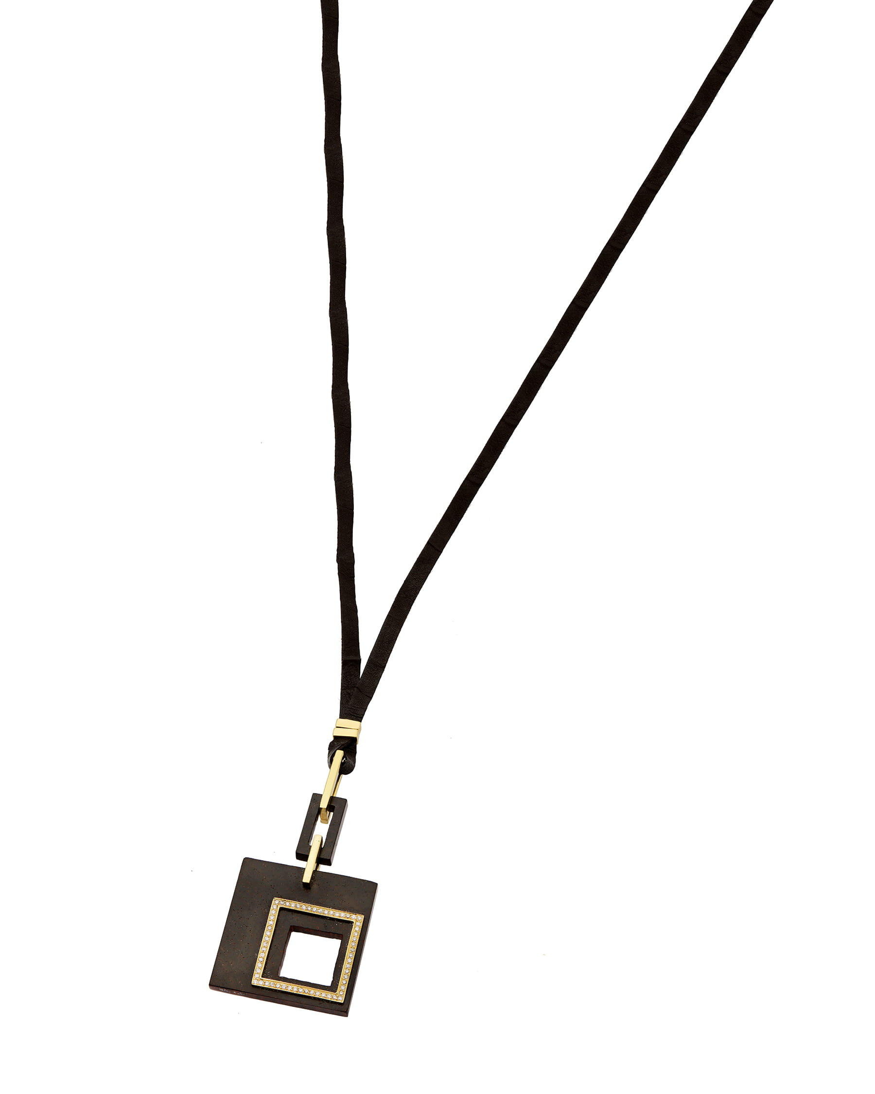 Collana di design con pendente quadrato in legno, oro giallo e diamanti e laccio in pelle-1