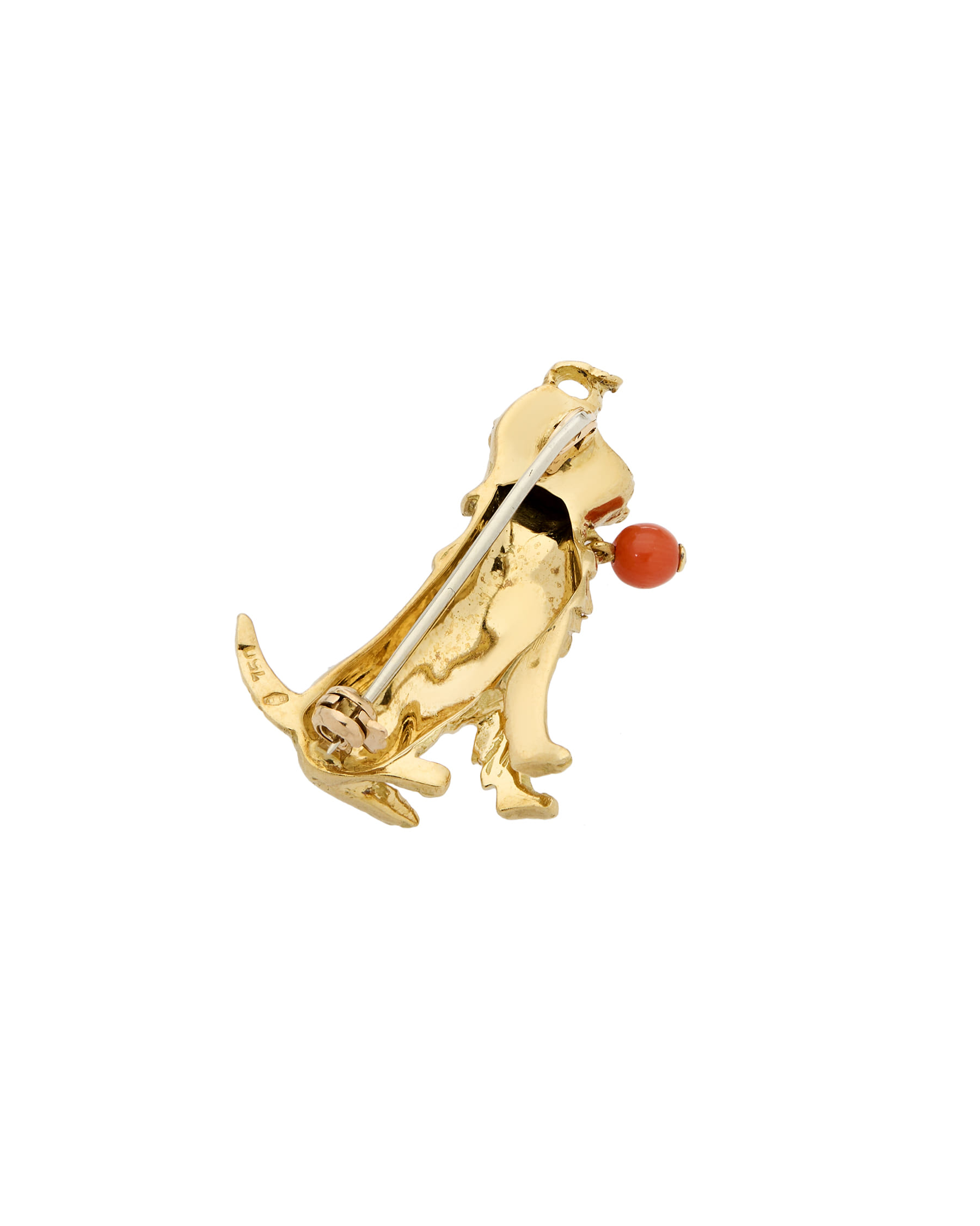 Spilla vintage cane terrier in oro giallo con corallo-2