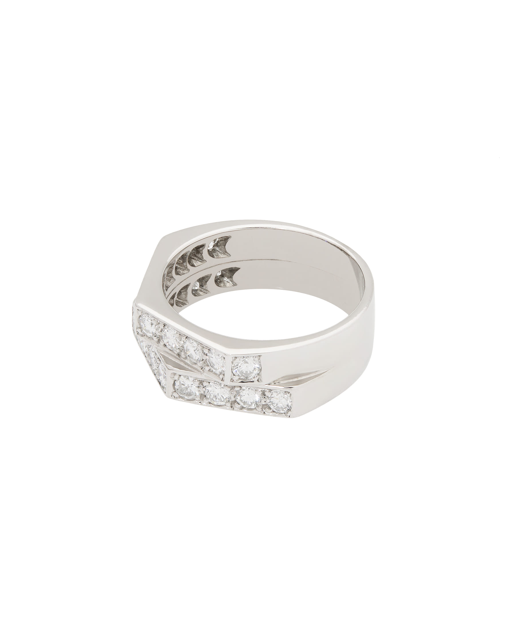 Anello doppia fascia geometrico in oro bianco con diamanti-2