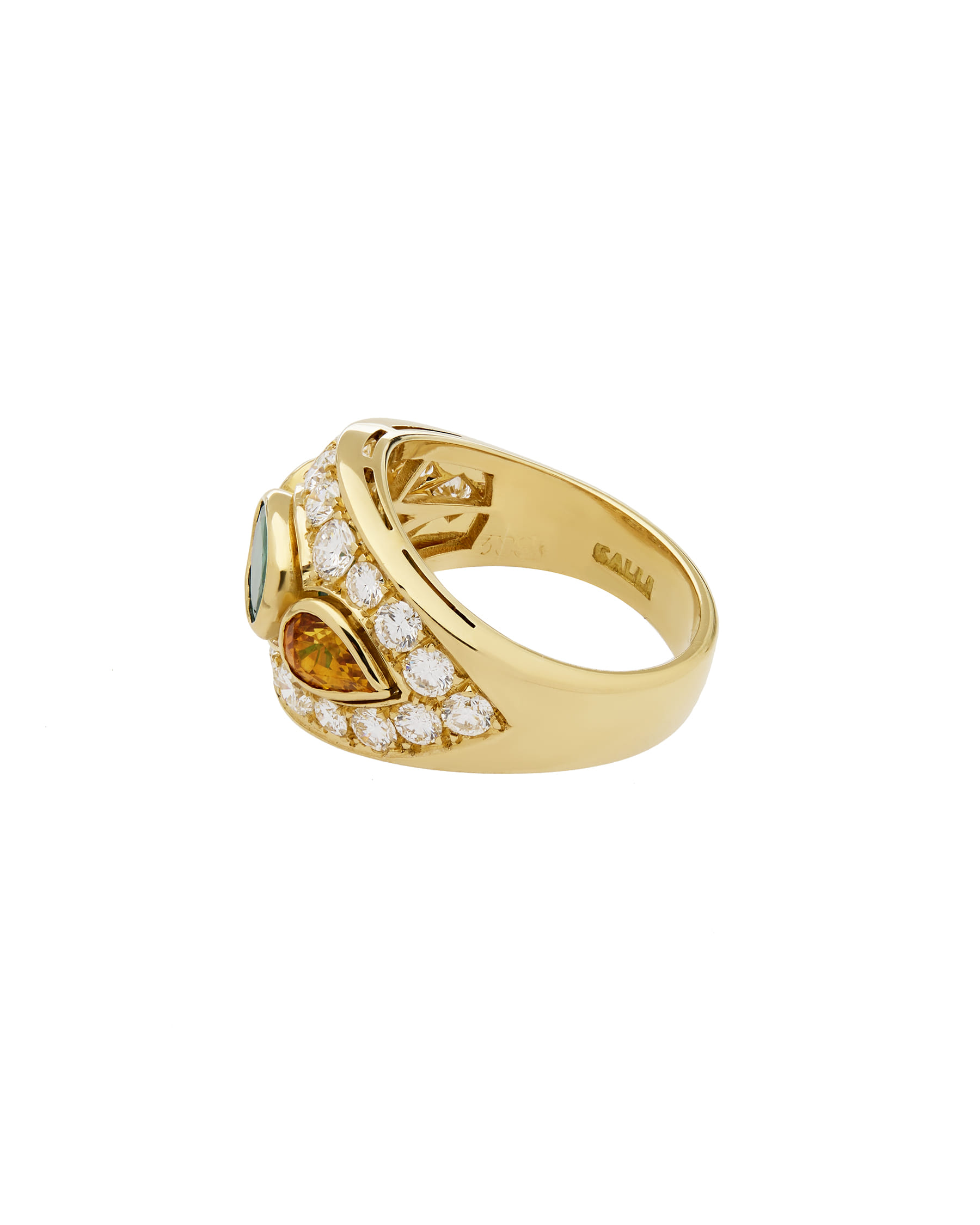 Anello fascia in oro giallo con smeraldo, diamanti e quarzi citrini-2