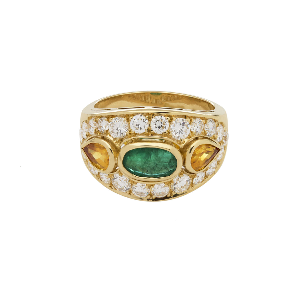 Anello fascia in oro giallo con smeraldo, diamanti e quarzi citrini-1