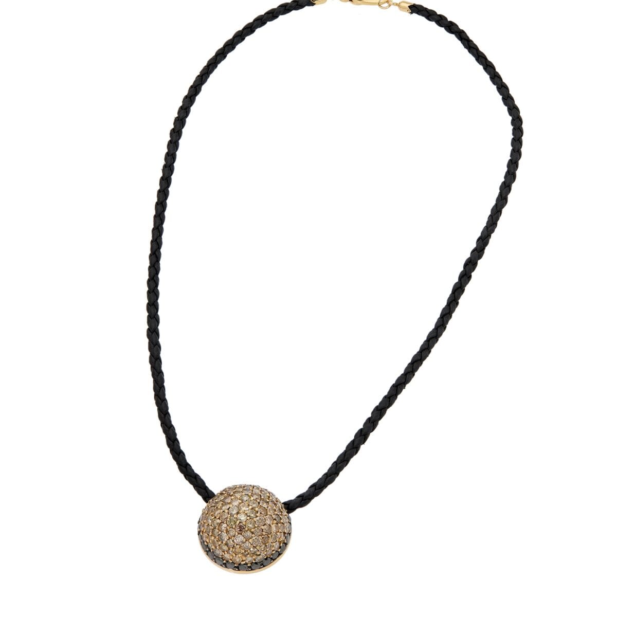 Collana con Ciondolo a Semi Sfera in Oro Rosa e Cordino in Caucciù con Diamanti Brown e Black