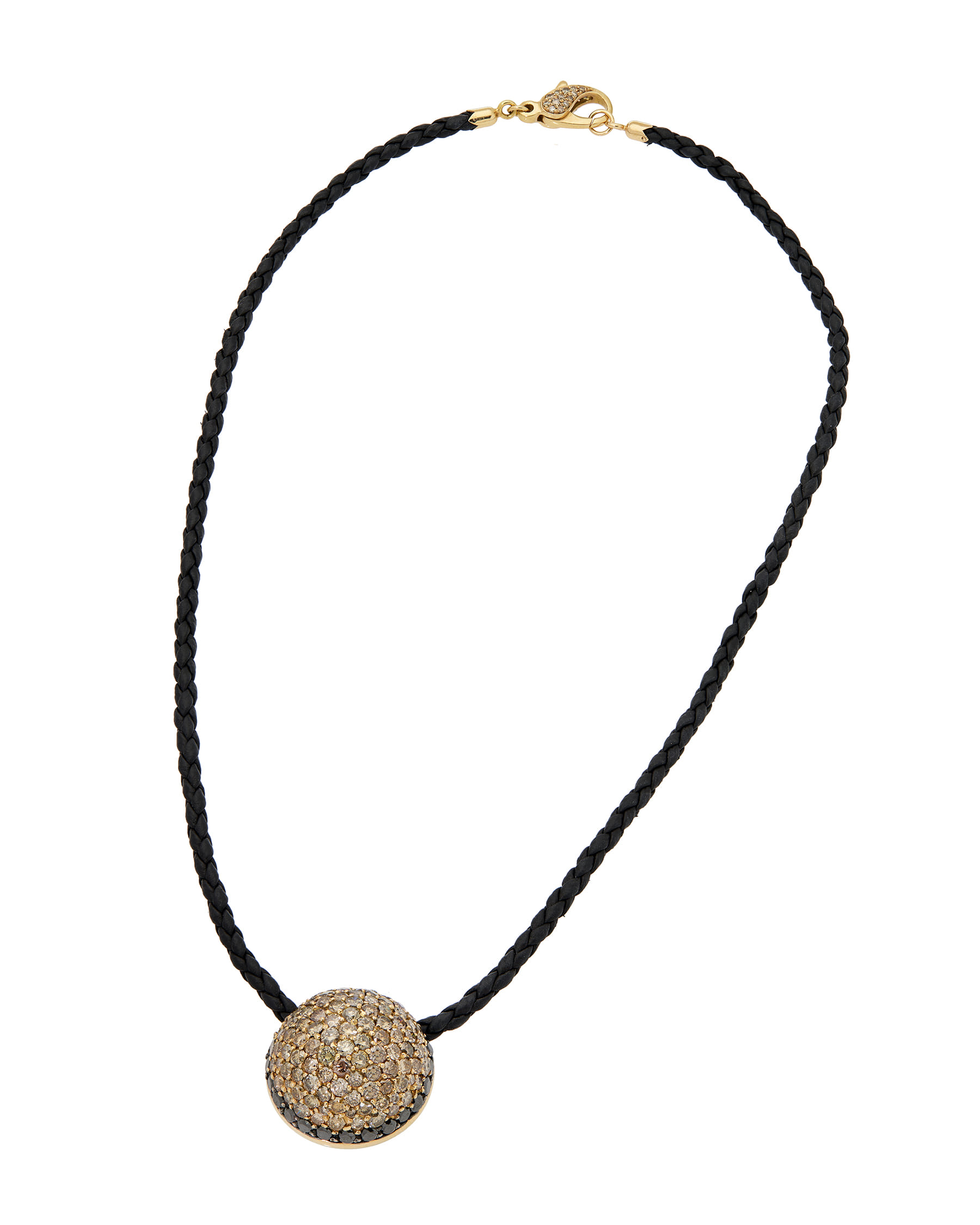 Collana con ciondolo a semi sfera in oro rosa e cordino in caucciù con diamanti brown e black-1