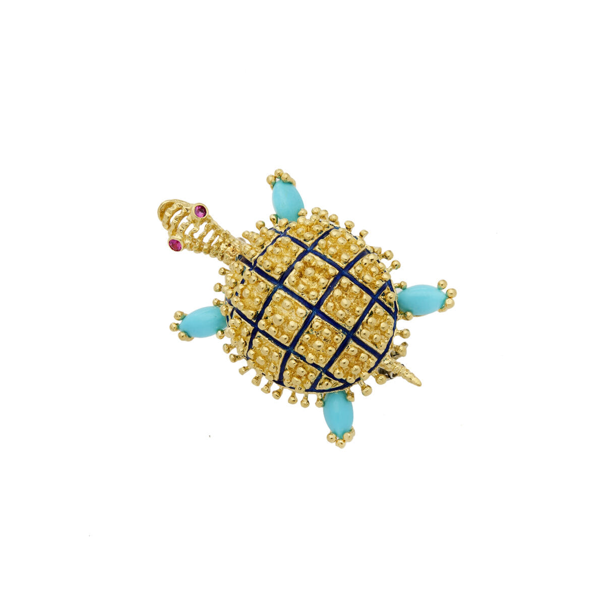 Spilla tartaruga in oro giallo con smalto blu, rubini e turchesi-1