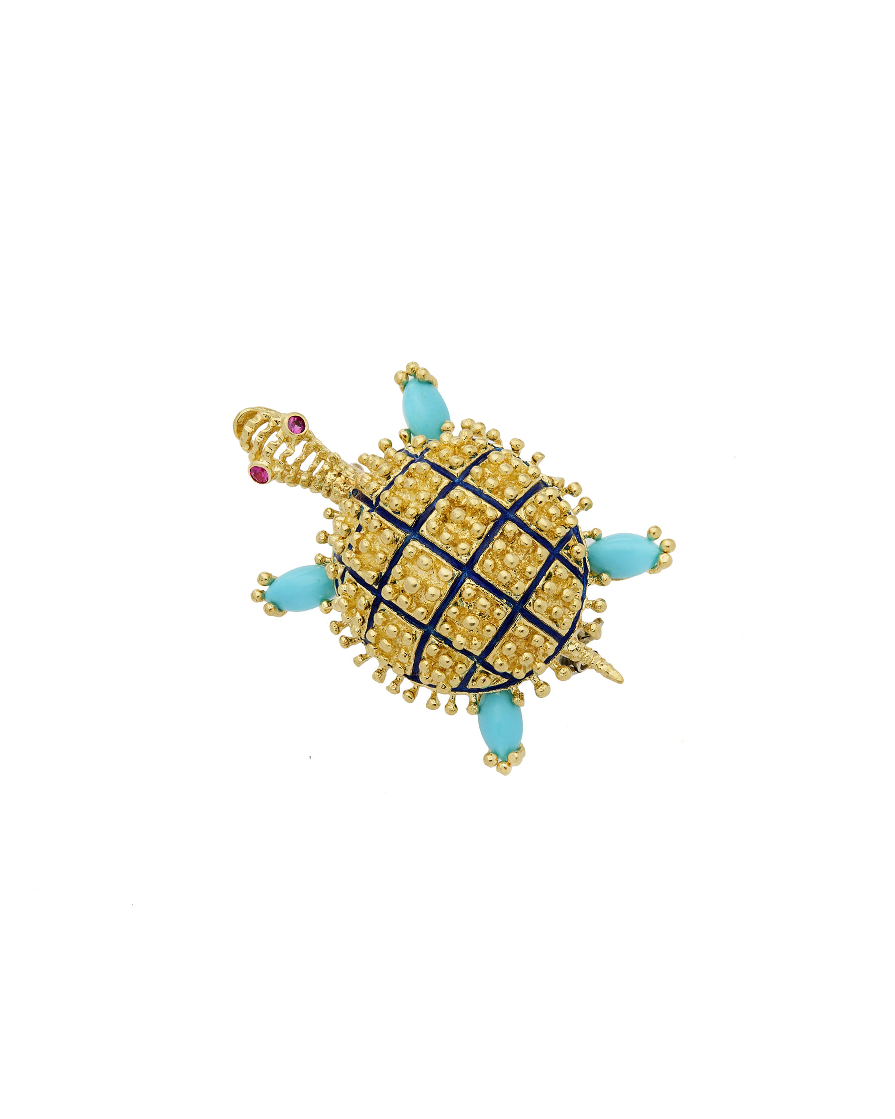 Spilla tartaruga in oro giallo con smalto blu, rubini e turchesi-1