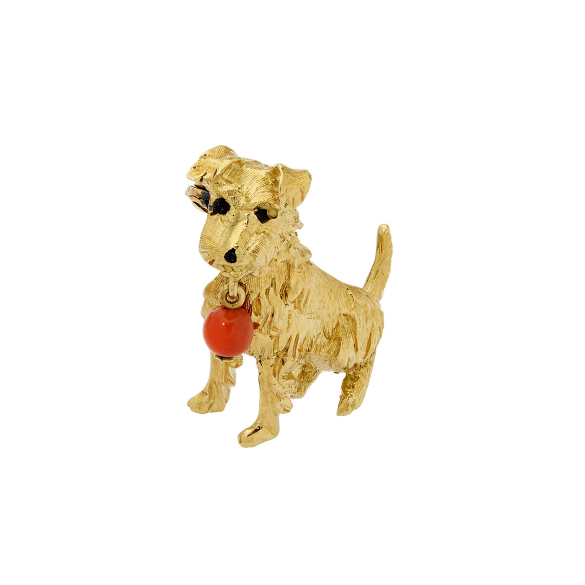 Spilla vintage cane terrier in oro giallo con corallo-1