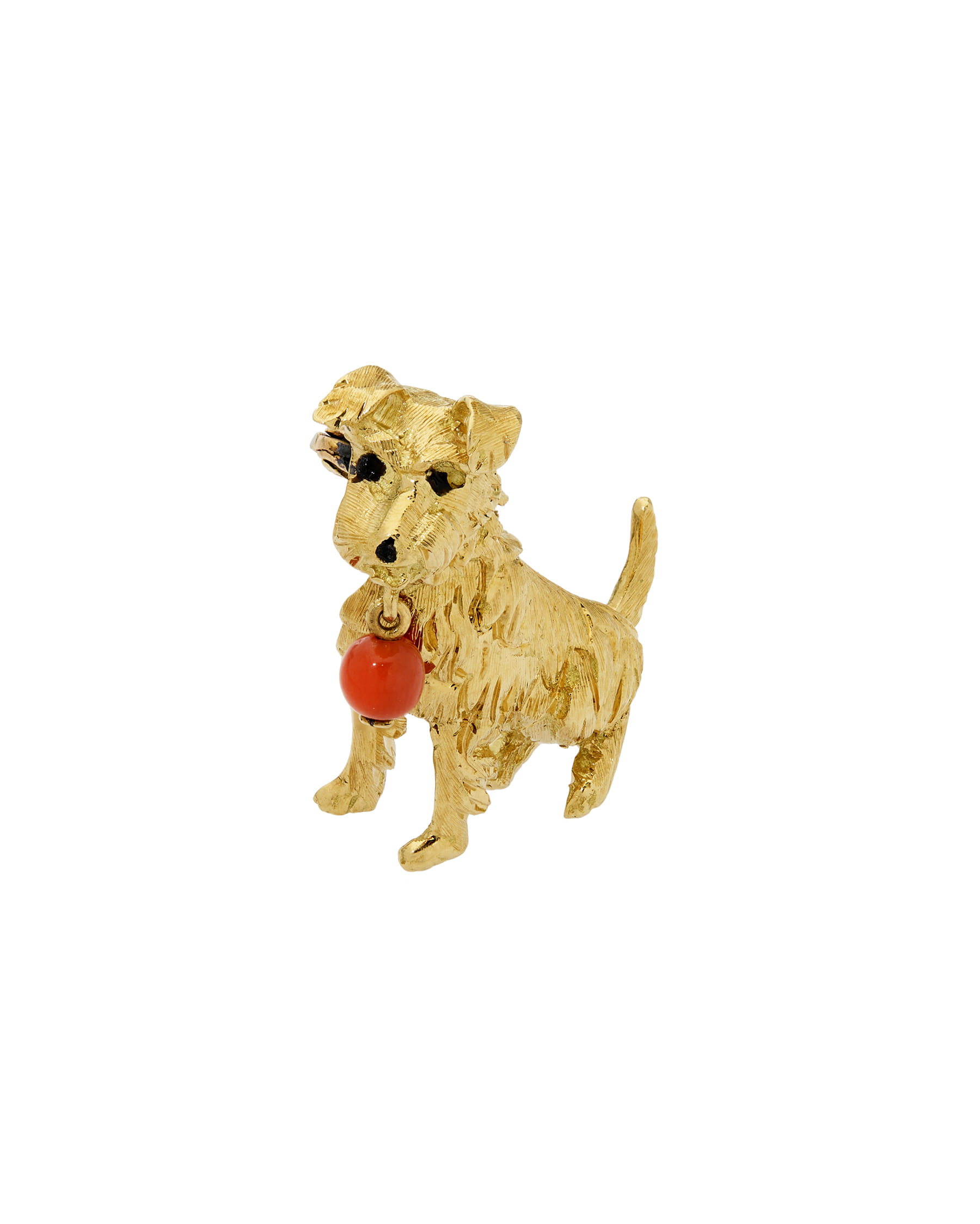 Spilla vintage cane terrier in oro giallo con corallo-1