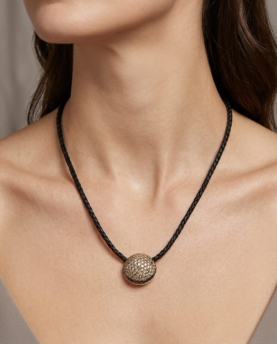 Collana con ciondolo a semi sfera in oro rosa e cordino in caucciù con diamanti brown e black-4