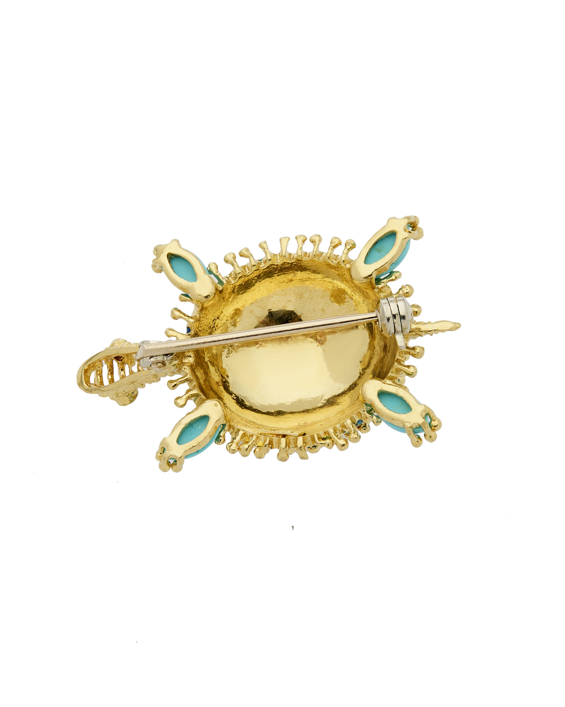 Spilla tartaruga in oro giallo con smalto blu, rubini e turchesi-2