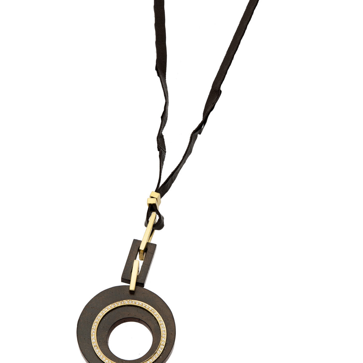Collana di design con pendente rotondo in legno, oro giallo e diamanti e laccio in pelle-1